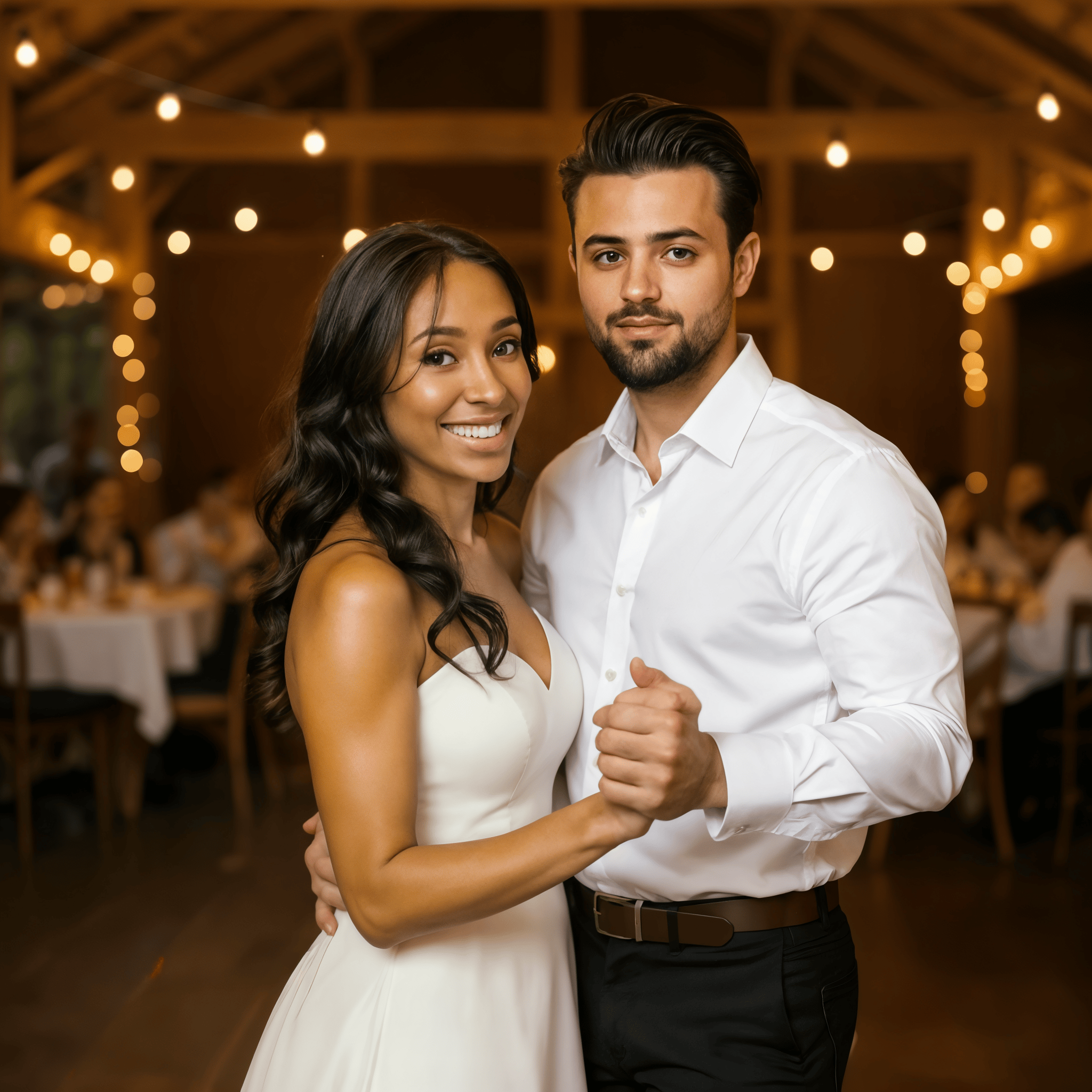 Joyful couple dancing at a wedding reception, surrounded by warm lighting and elegant decor.