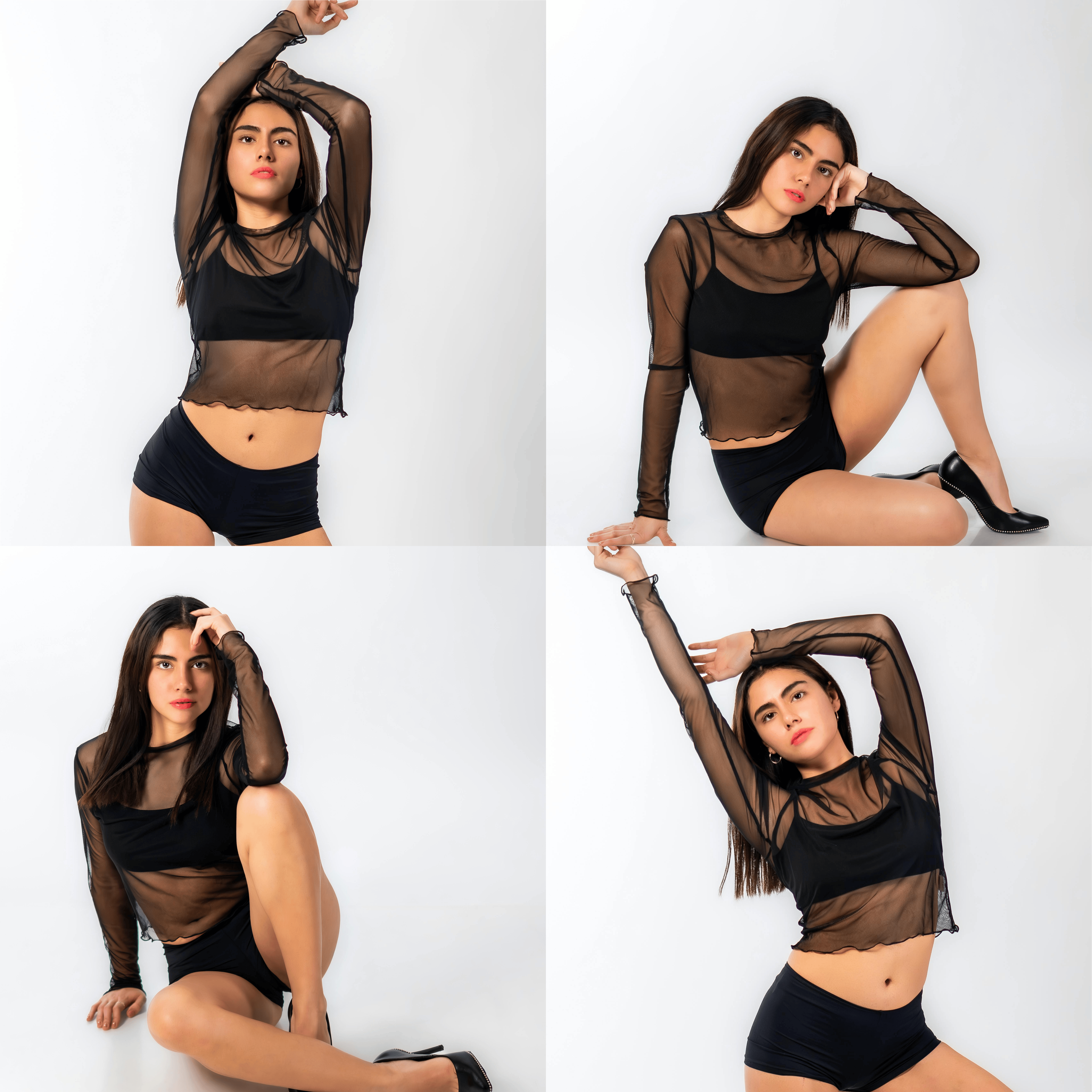 Fashion model in a sheer black long-sleeve top and shorts, posing gracefully against a white background in four dynamic images, showcasing modern style and elegance.