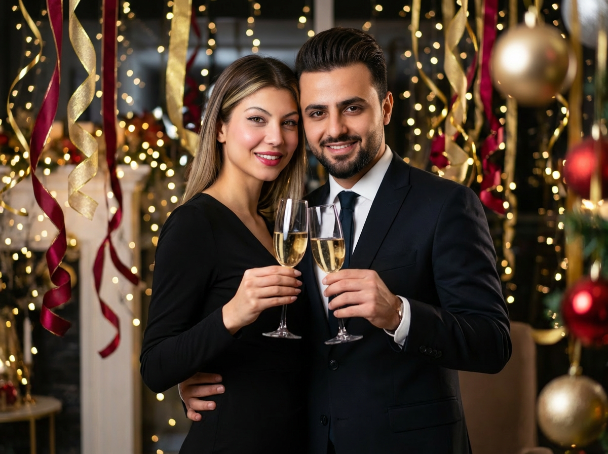 Celebratory couple portrait, dressed in sharp black attire, toasting champagne glasses with sparkling lights in the background.