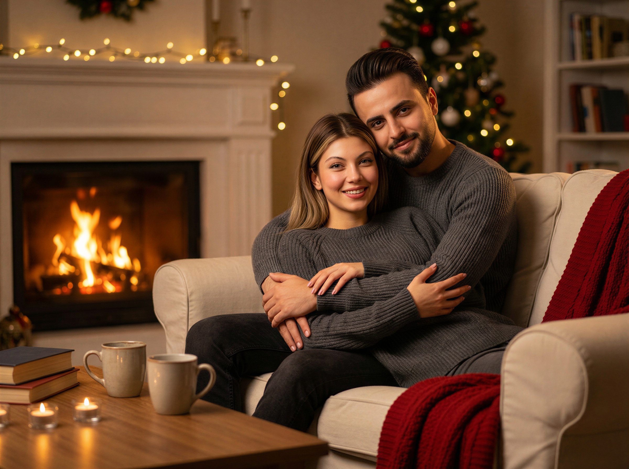 Intimate Valentine's portrait of a couple cuddled on the floor near a glowing fireplace, enjoying hot chocolate in matching pajamas.