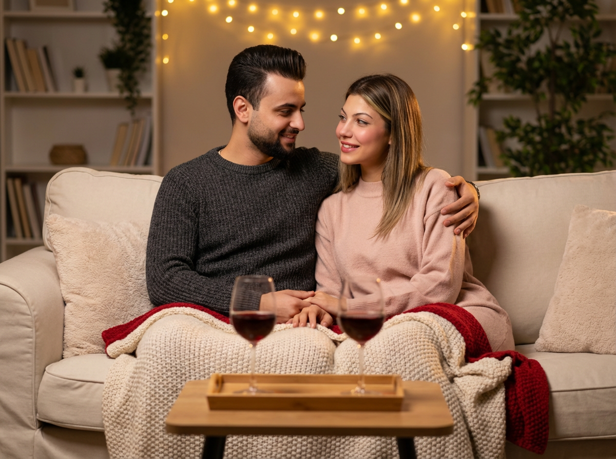 Intimate couple portrait on a couch with warm blankets, string lights, and wine glasses, showcasing a cozy Valentine's evening.