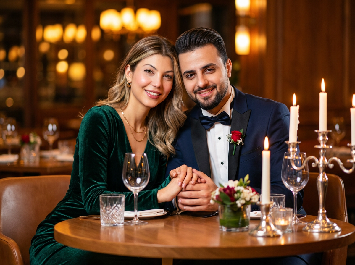 Sophisticated couple portrait in formal dinner attire, soft bokeh background of an upscale restaurant, celebrating Valentine's Day.