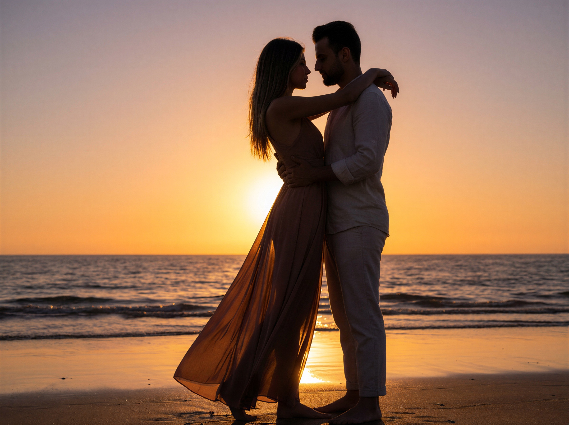 Romantic couple portrait silhouetted against a vibrant golden hour sunset, embracing in a cinematic, warm outdoor setting.