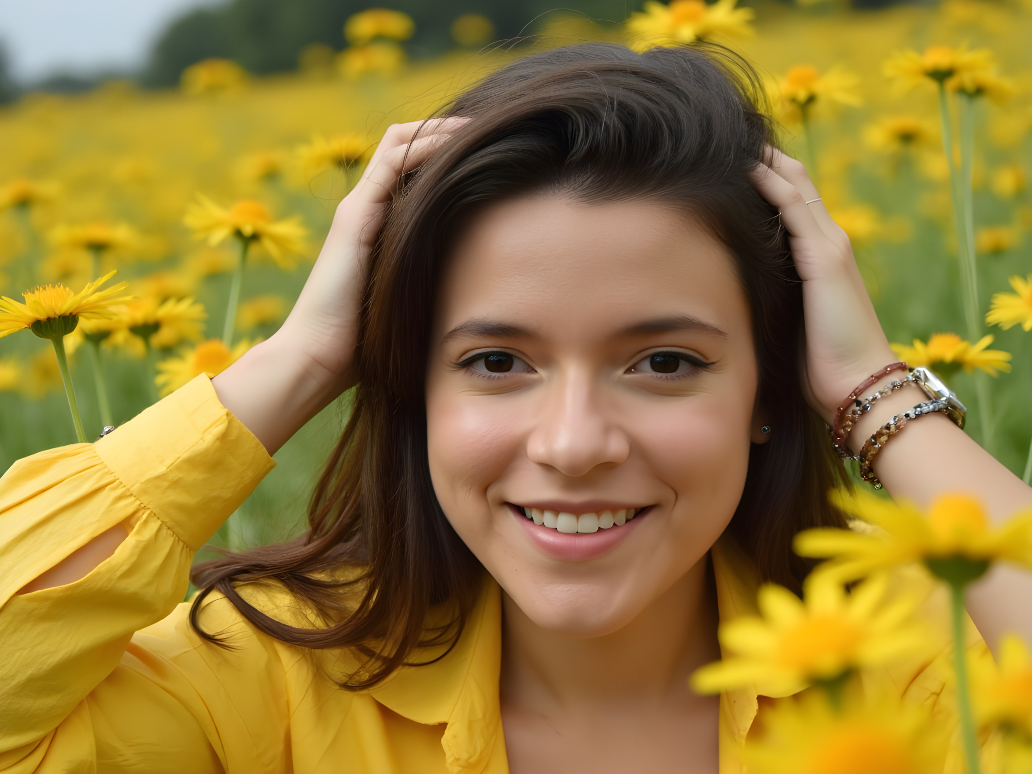 Smiling woman in a yellow shirt surrounded by vibrant flowers in a field, showcasing joy and nature.