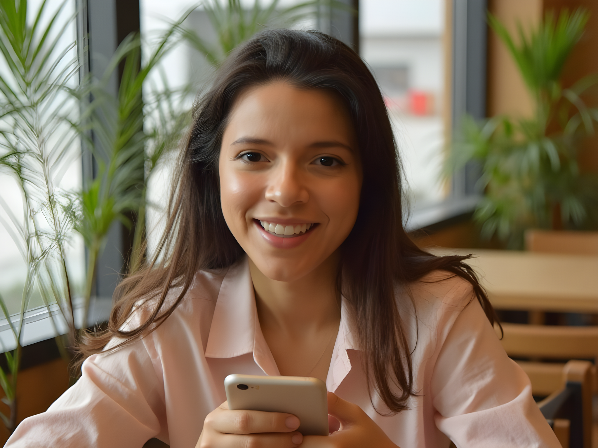 Smiling young woman holding a smartphone in a café surrounded by indoor plants.