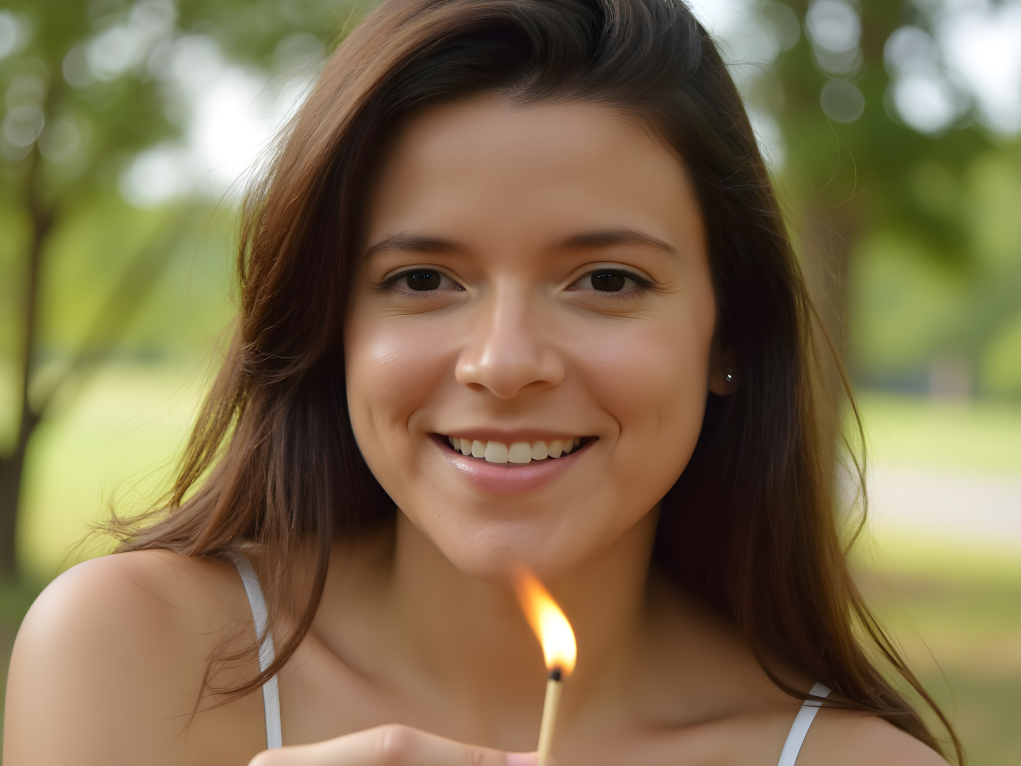 Smiling young woman holding a lit match in a natural outdoor setting.