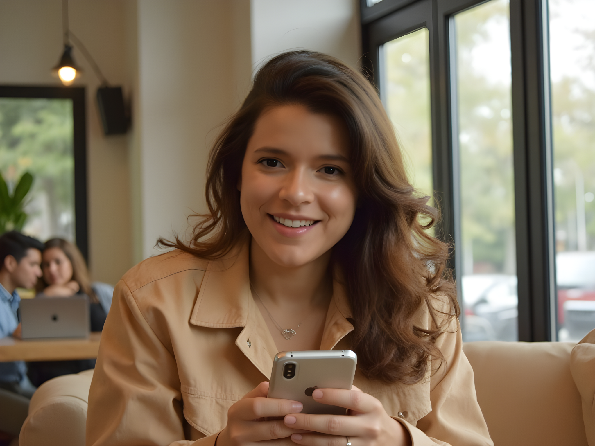 Young woman smiling and using a smartphone while sitting in a cozy café with a warm atmosphere.
