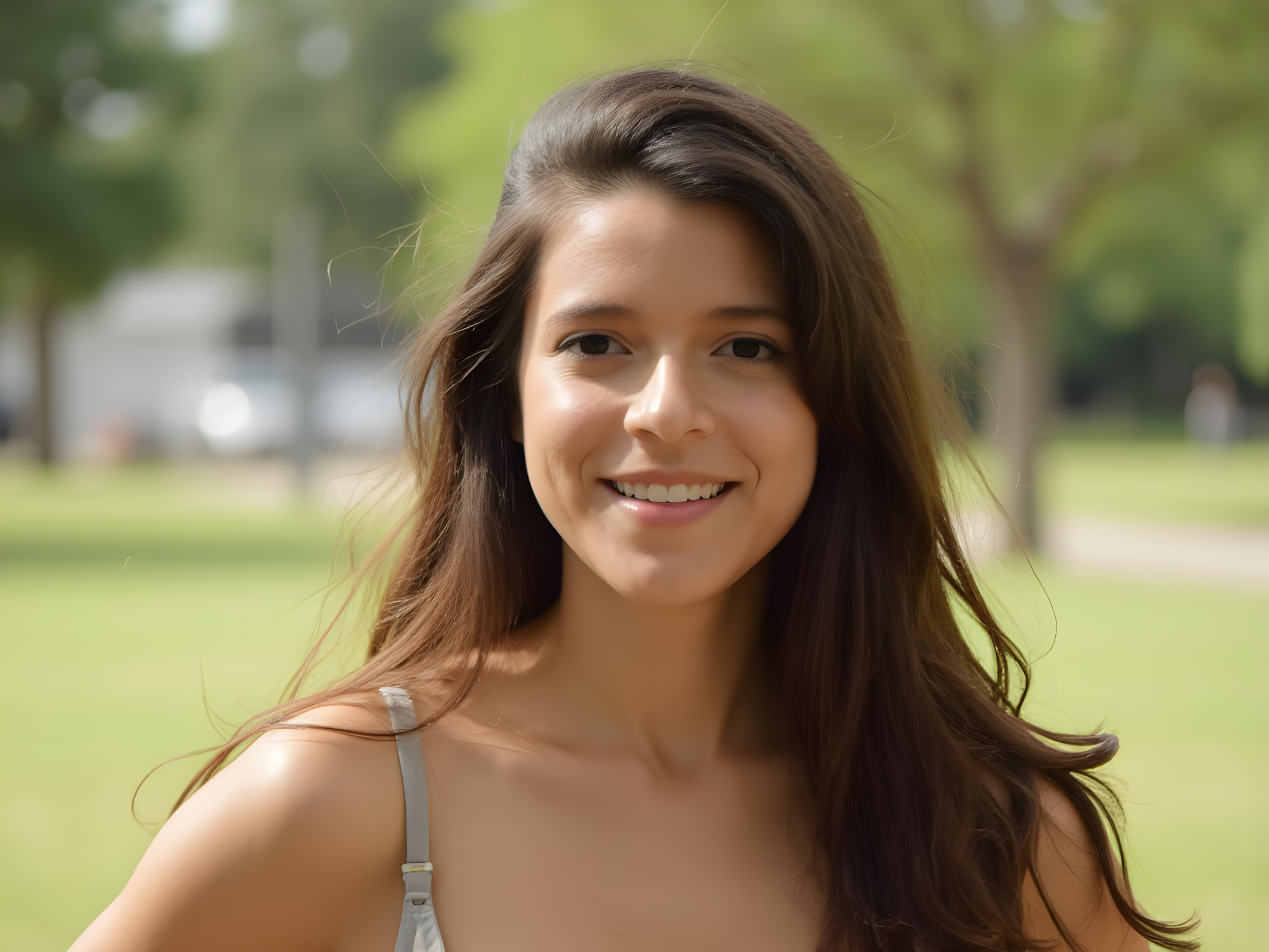 Smiling young woman with long brown hair standing outdoors in a park, surrounded by greenery.