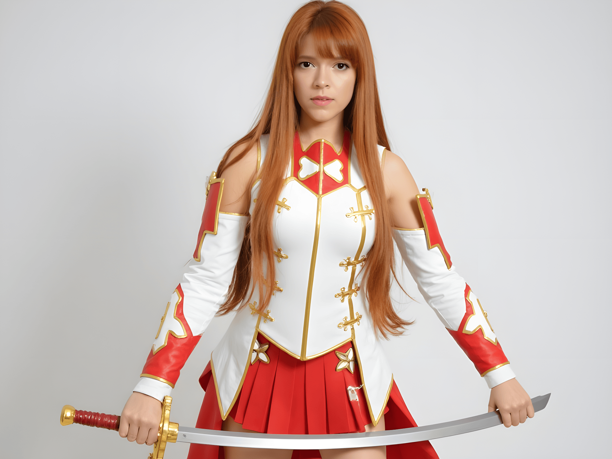 Female cosplayer in a red and white fantasy costume holding a sword, posing confidently against a plain background.