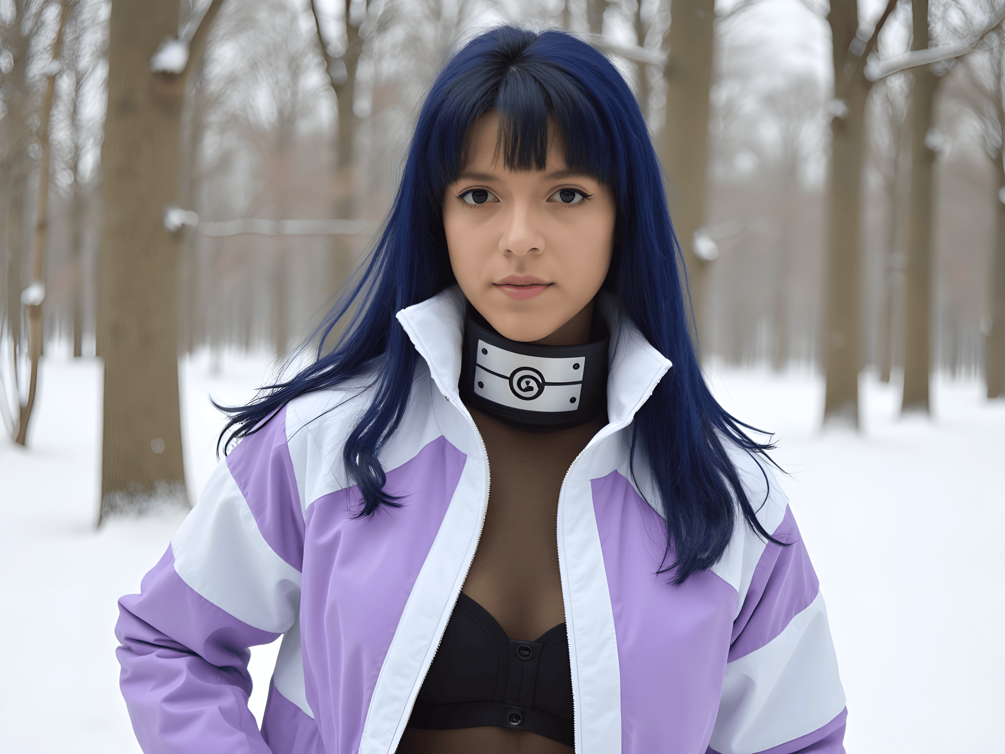 Young woman in a purple jacket and ninja headband poses in a snowy forest, showcasing a stylish cosplay look.