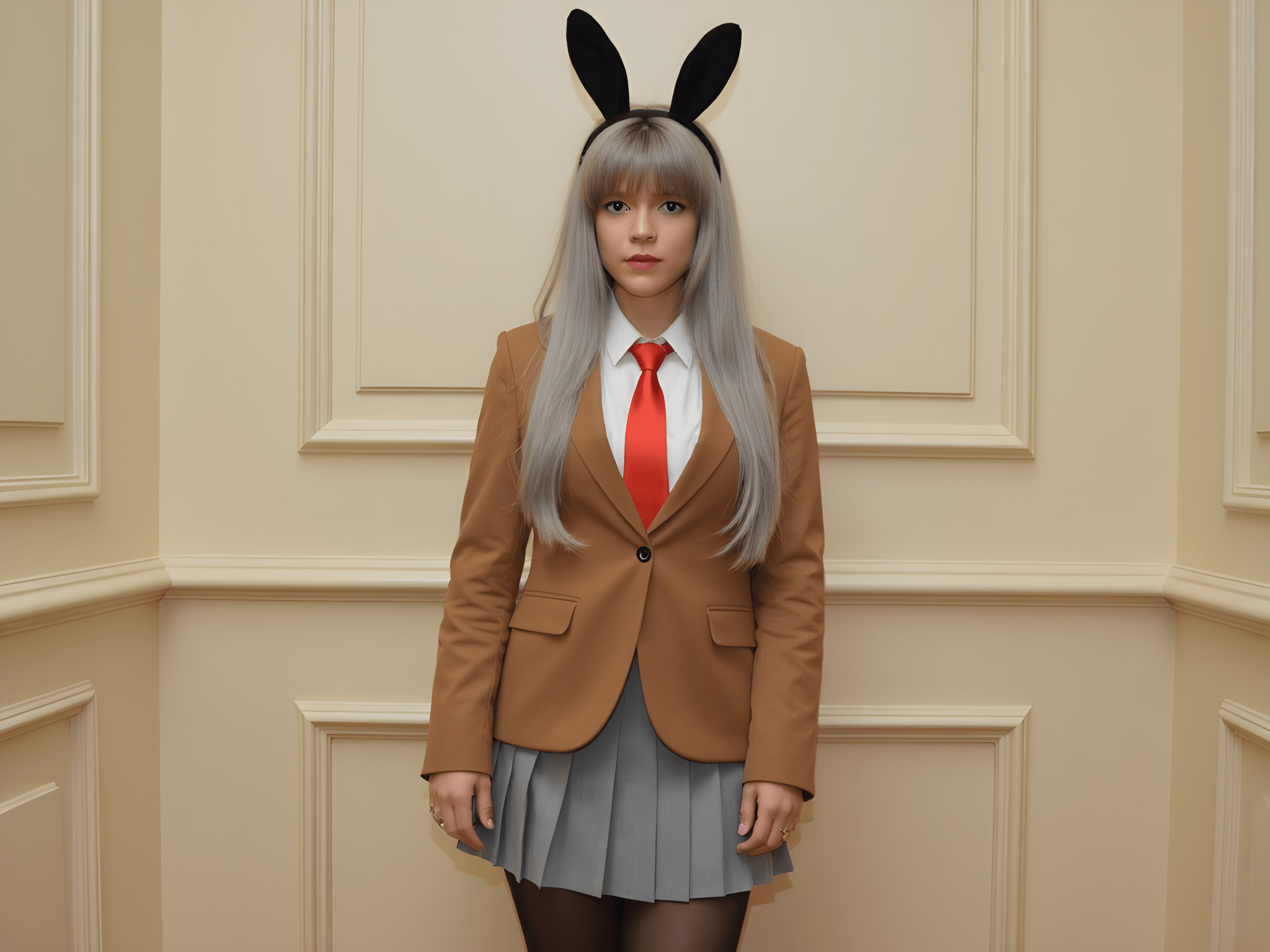 Cosplay of a character with bunny ears wearing a brown blazer and red tie, standing against a beige wall.