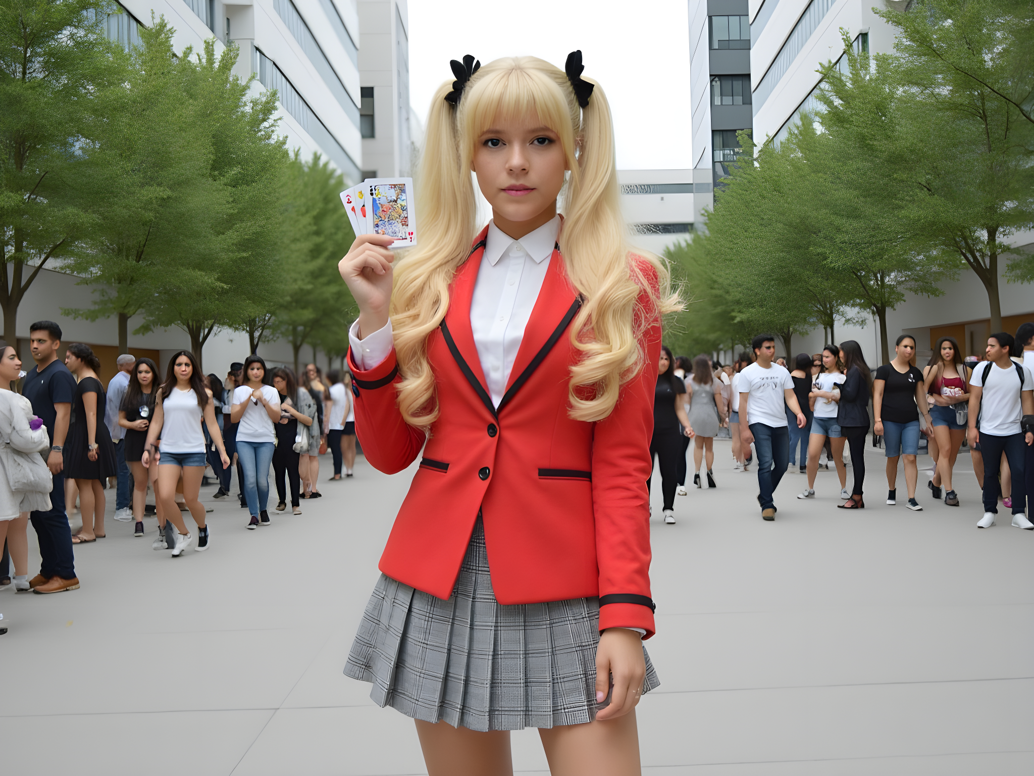 Cosplayer in a red blazer and plaid skirt holding playing cards at a crowded outdoor event.