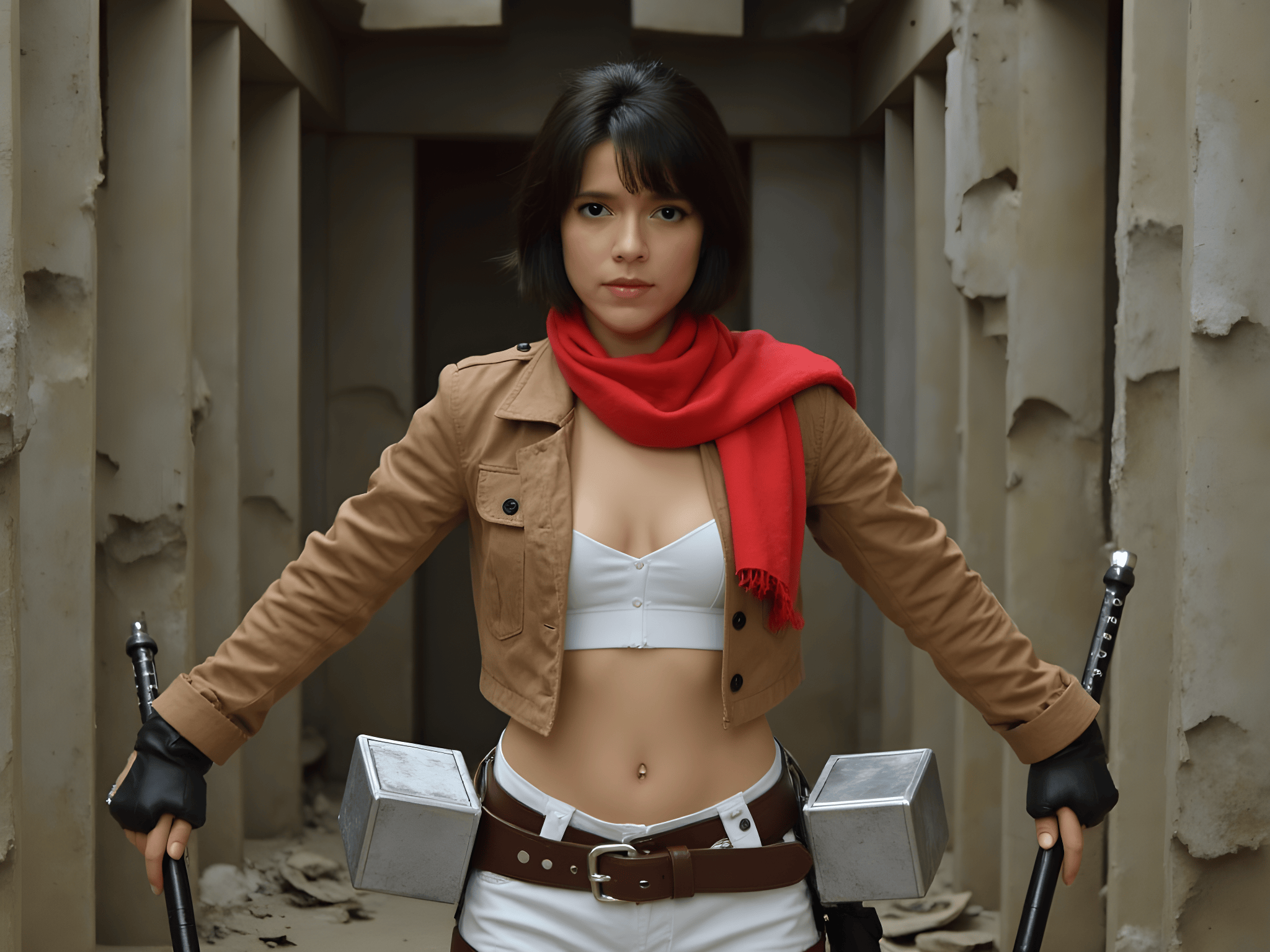 Female character in a brown jacket and red scarf, wielding dual swords, set in a mysterious, dilapidated environment.