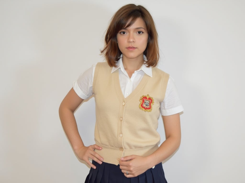 Young woman dressed in a beige vest over a white shirt, posing confidently against a plain background.