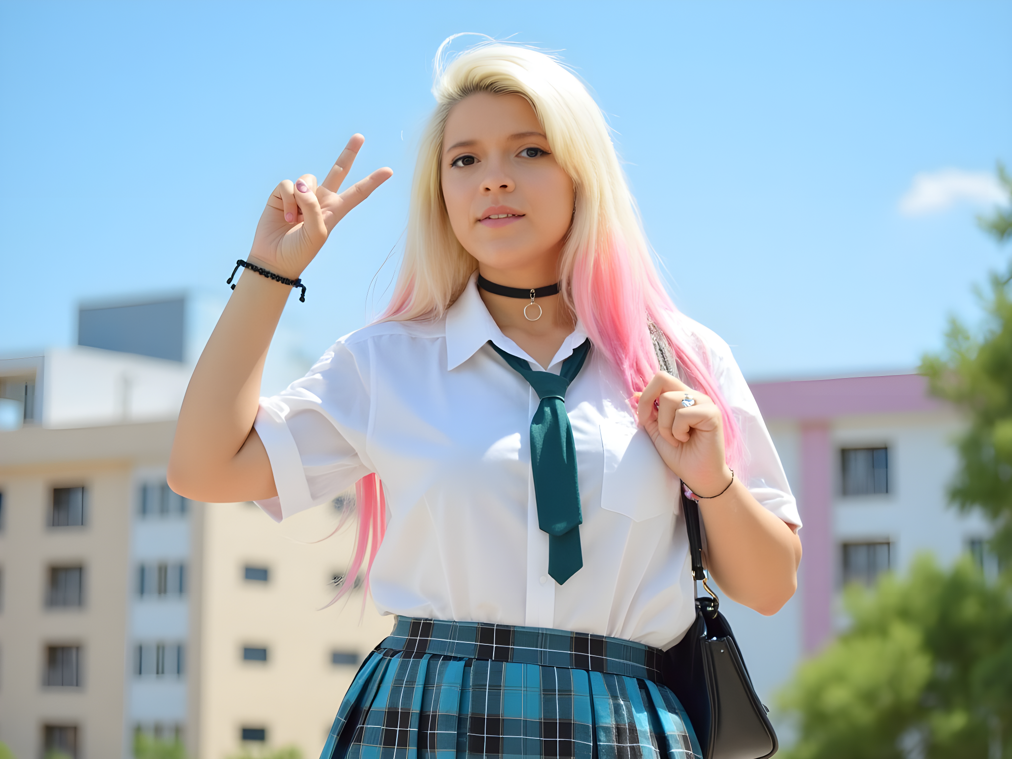 Young woman with long pink hair wearing a school uniform, posing outdoors with a peace sign, against a blue sky and modern buildings.