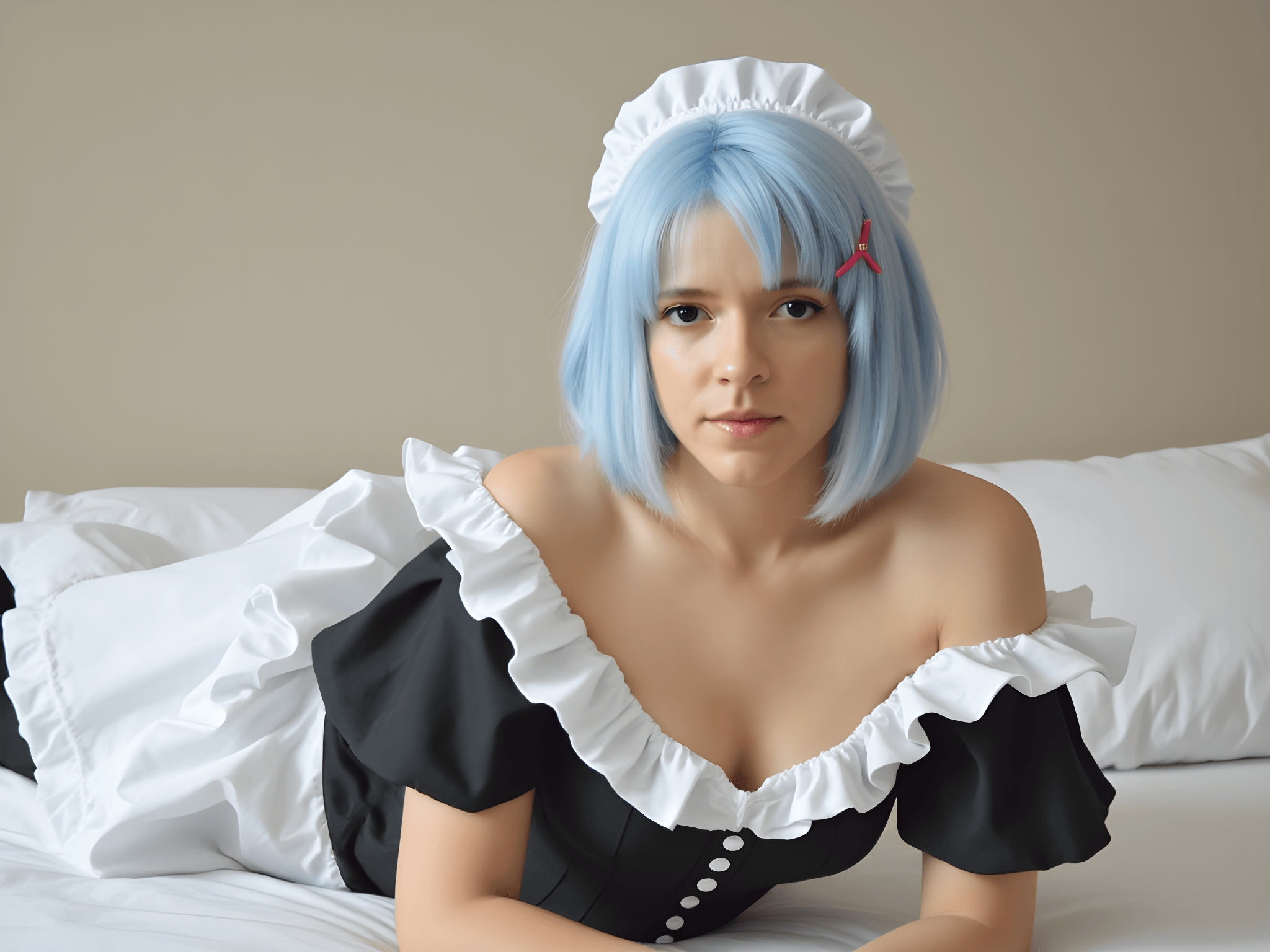 Young woman in a gothic lolita maid costume with short blue hair, posing on a bed with white linens.