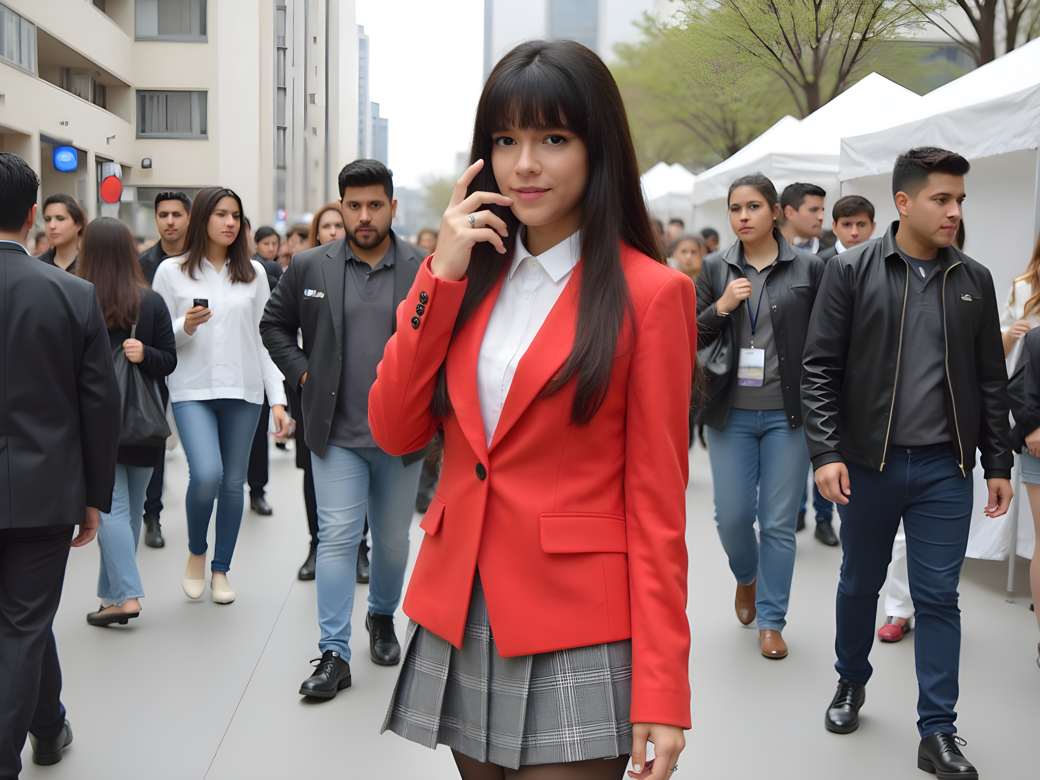 Professional woman in a red blazer and plaid skirt stands confidently in a busy urban environment, interacting with her phone while surrounded by a diverse group of professionals.