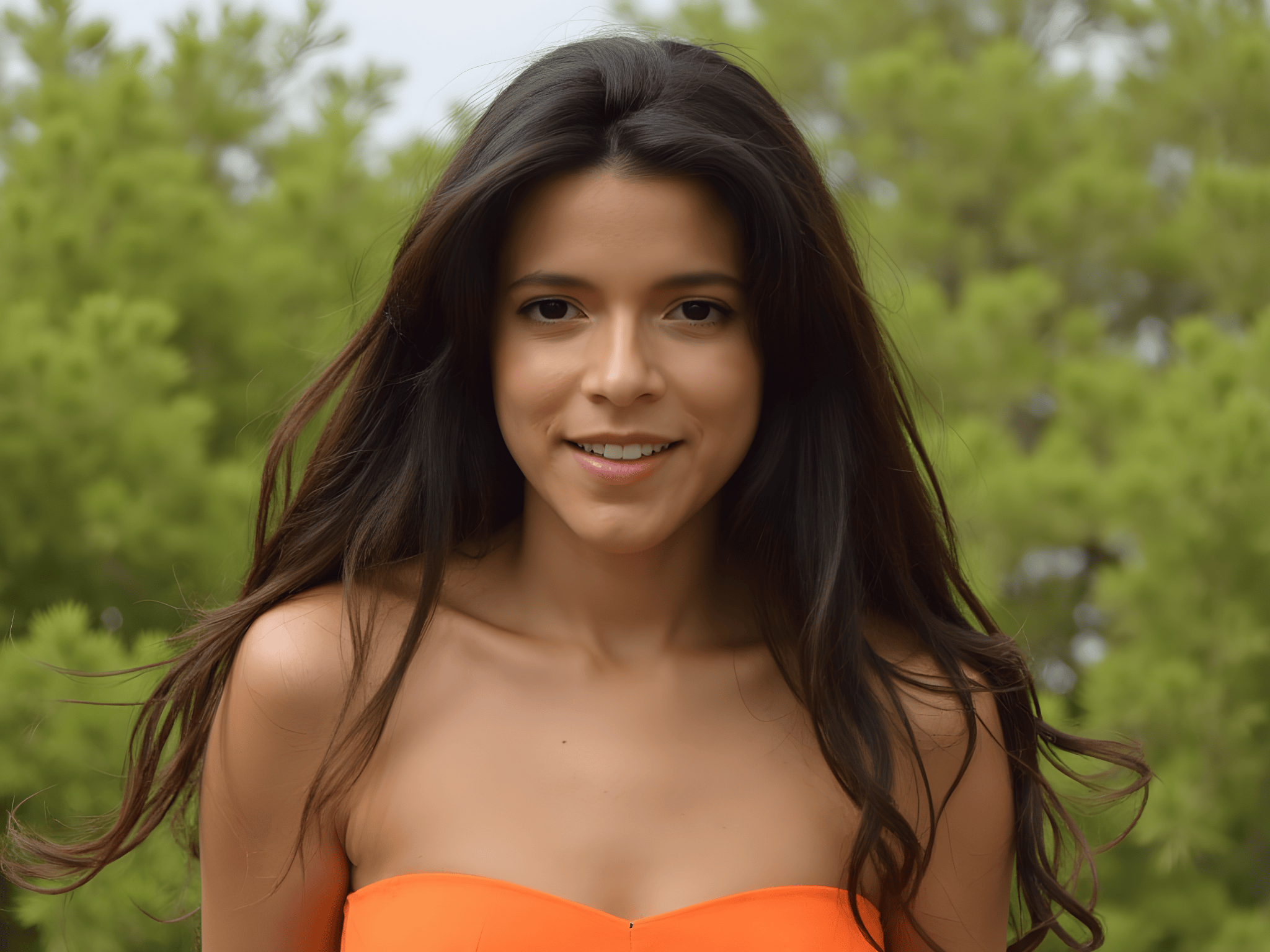 Smiling young woman in an orange top against a natural green background.