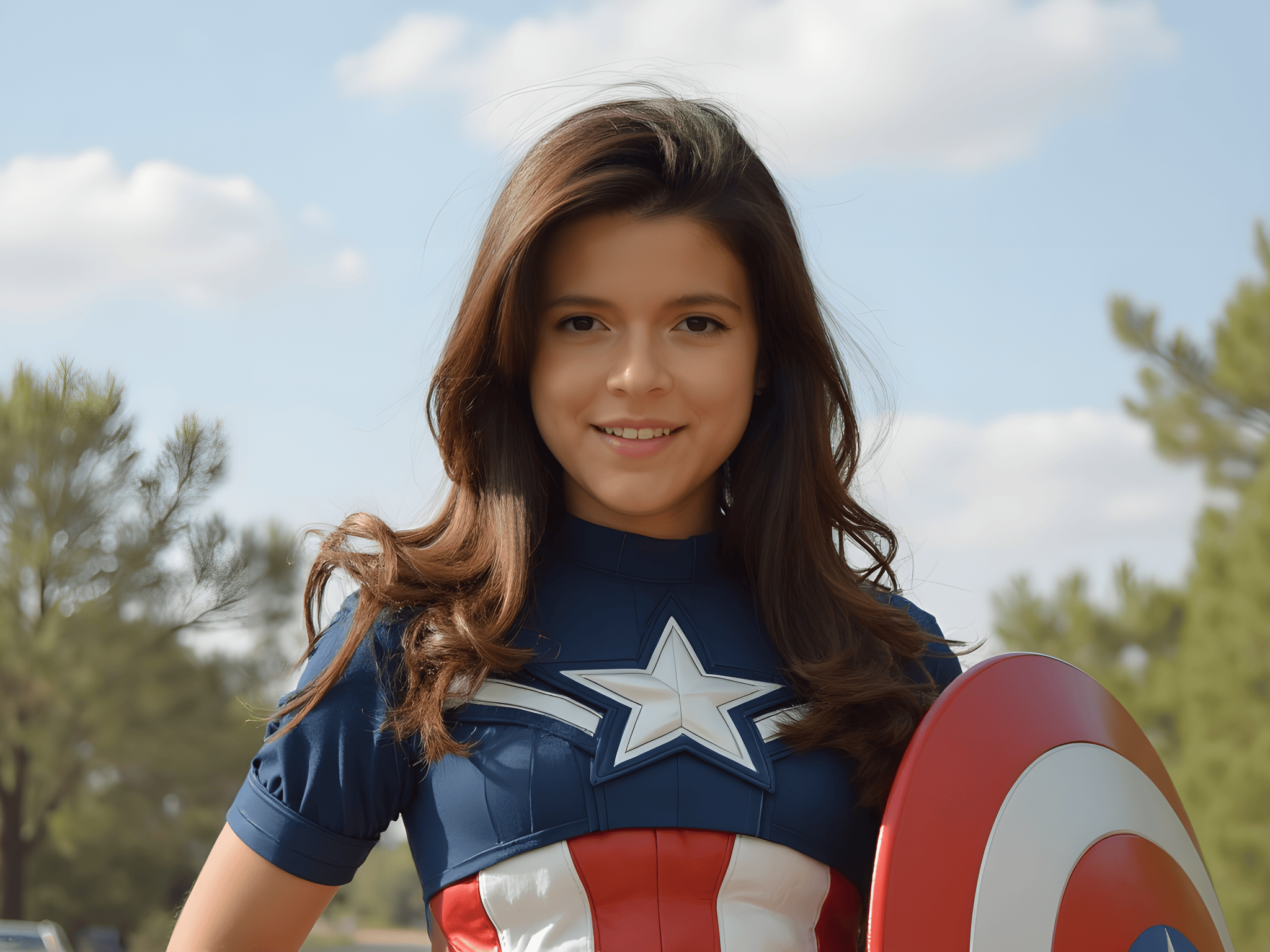 Young girl in a Captain America costume holding a shield, smiling outdoors with trees and a blue sky in the background.