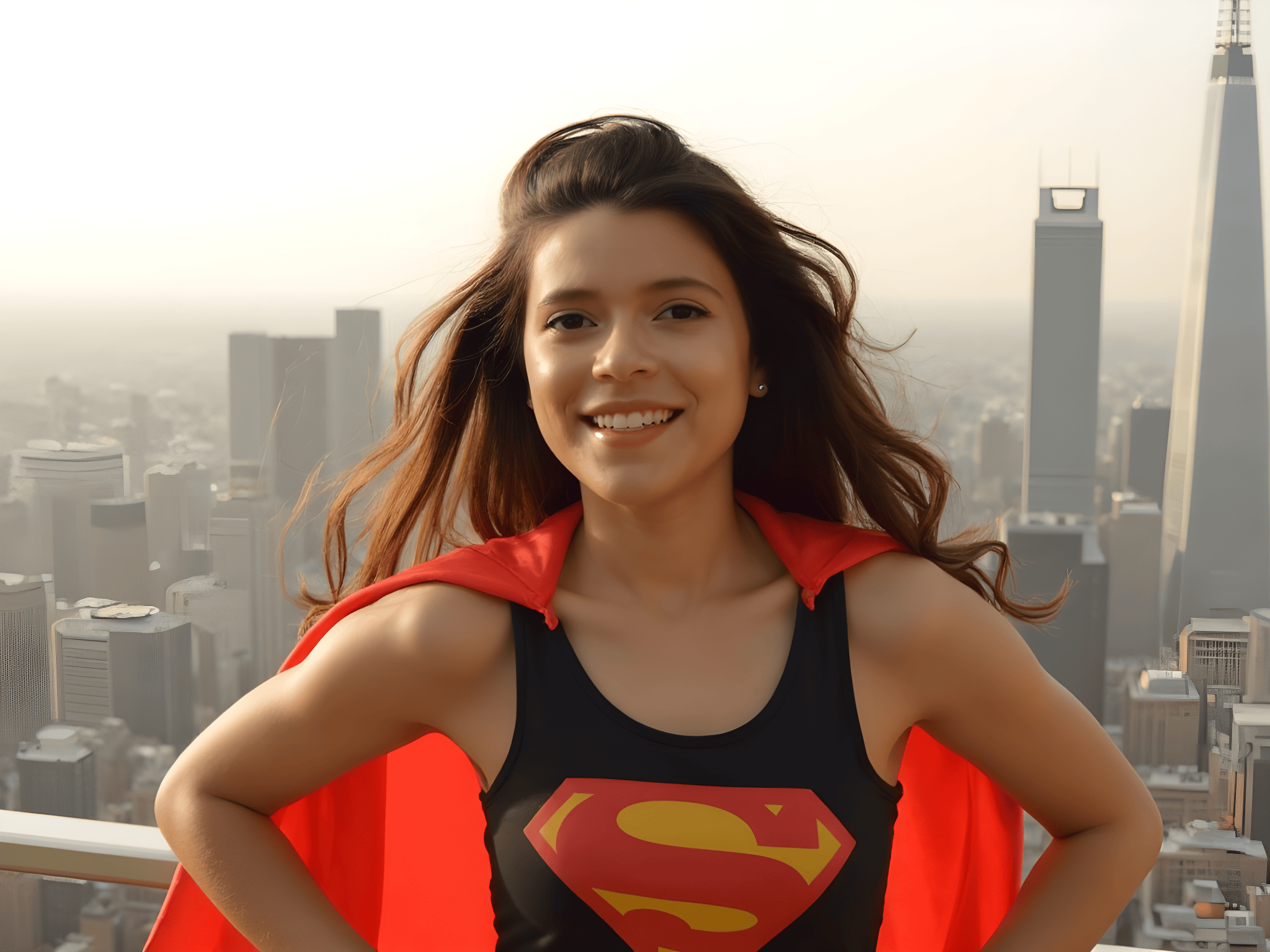 Smiling young woman wearing a superhero costume with a red cape and city skyline in the background.