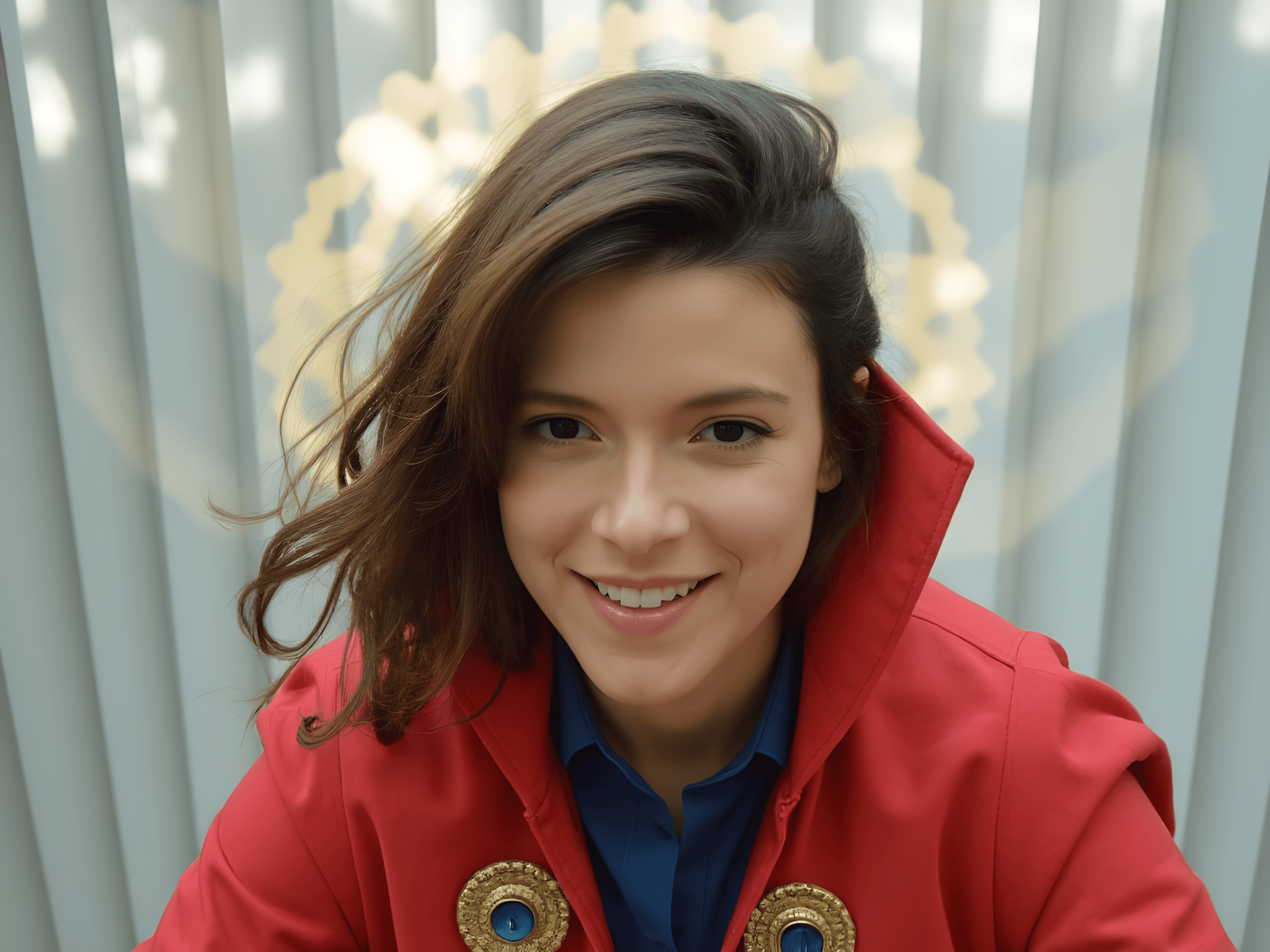 Smiling woman in a red jacket against a soft light background, showcasing a cheerful and inviting expression.