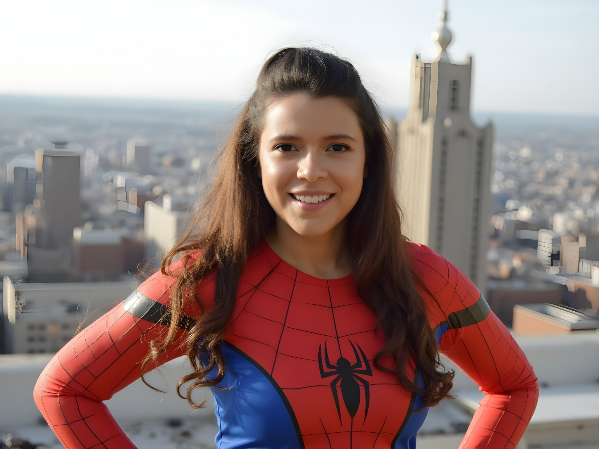 Smiling woman in a Spider-Man costume poses against a city skyline backdrop, showcasing a vibrant superhero theme.