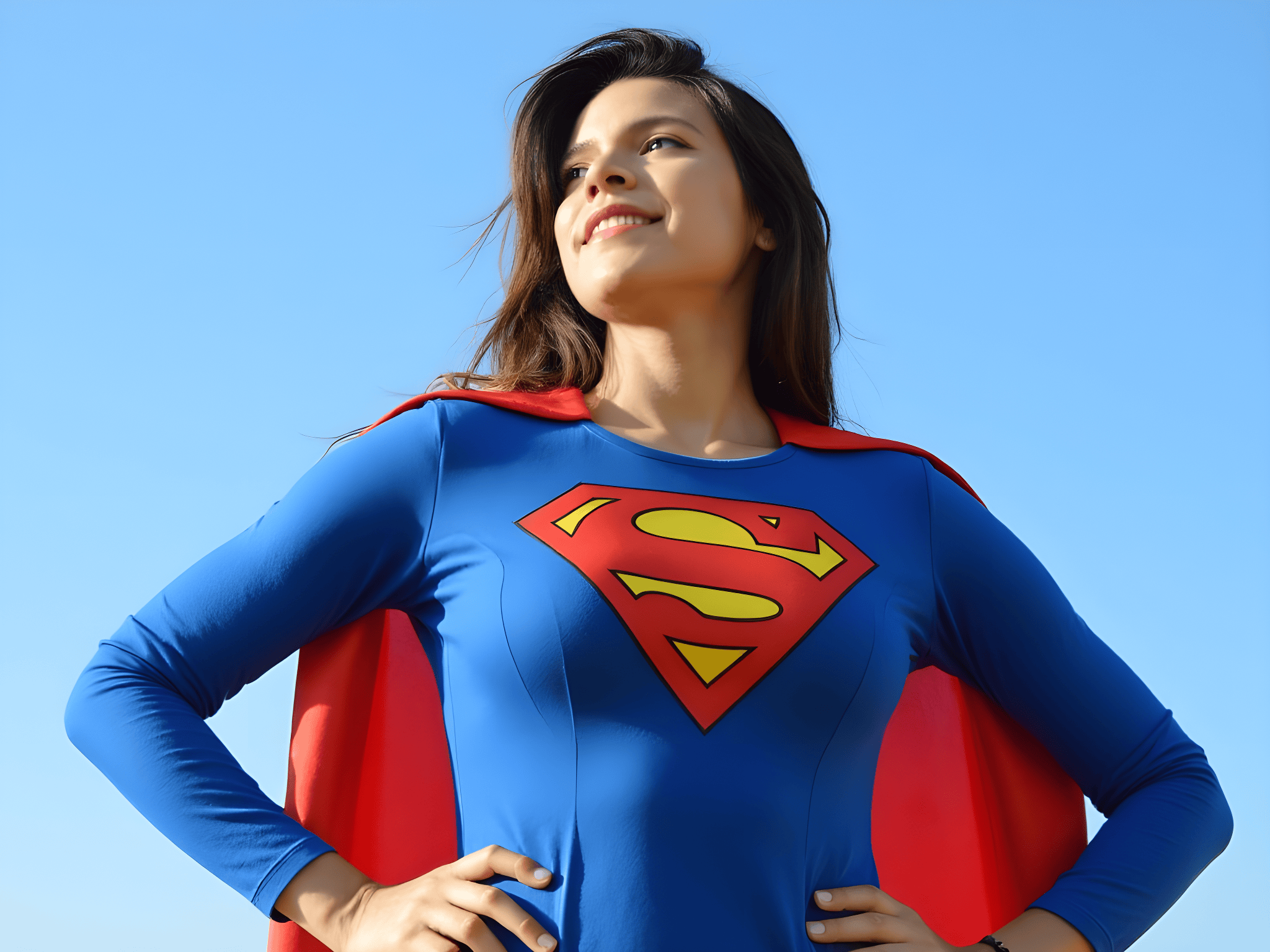 Confident woman superhero wearing blue costume with red cape and iconic emblem, standing against clear blue sky.