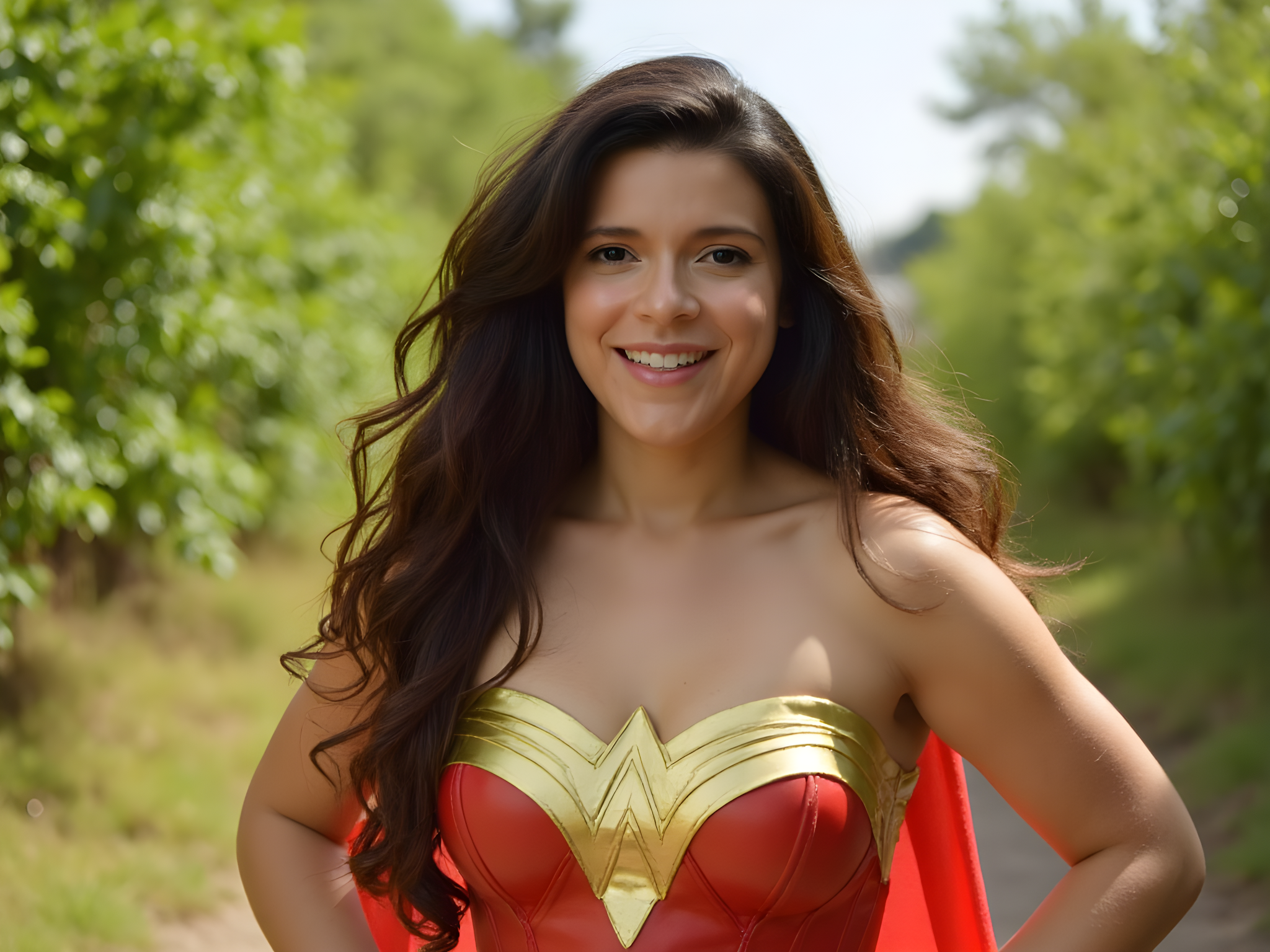 Smiling woman in a Wonder Woman costume standing outdoors with greenery in the background.