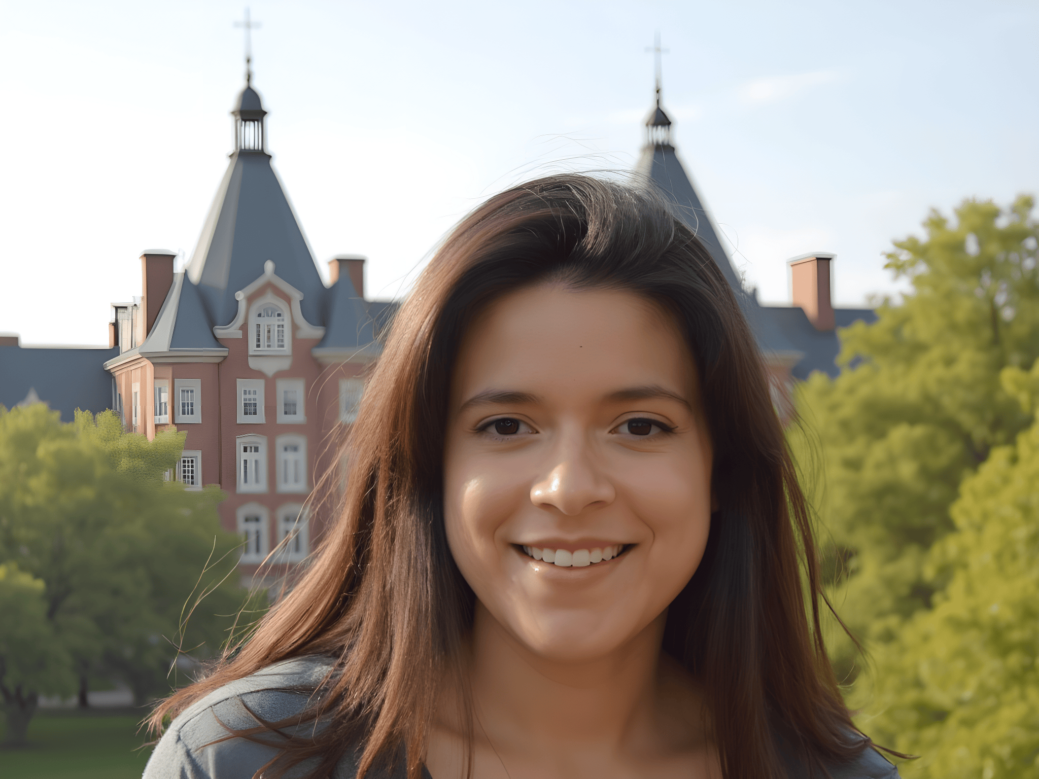 Smiling young woman in front of a historic building, surrounded by greenery under a clear sky.