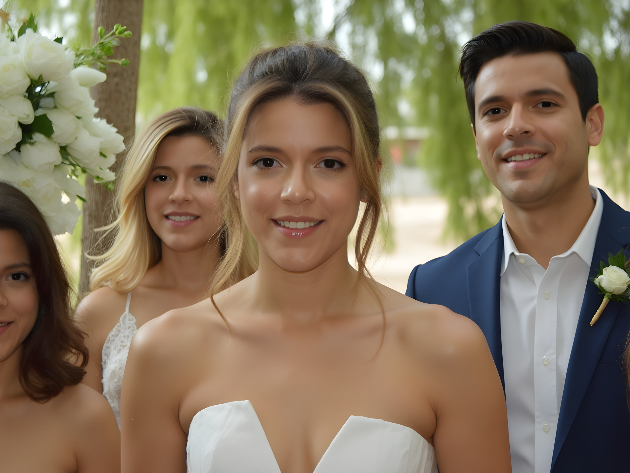 Bridal party portrait featuring a smiling bride in a white gown with her bridesmaids and groom, surrounded by lush greenery.