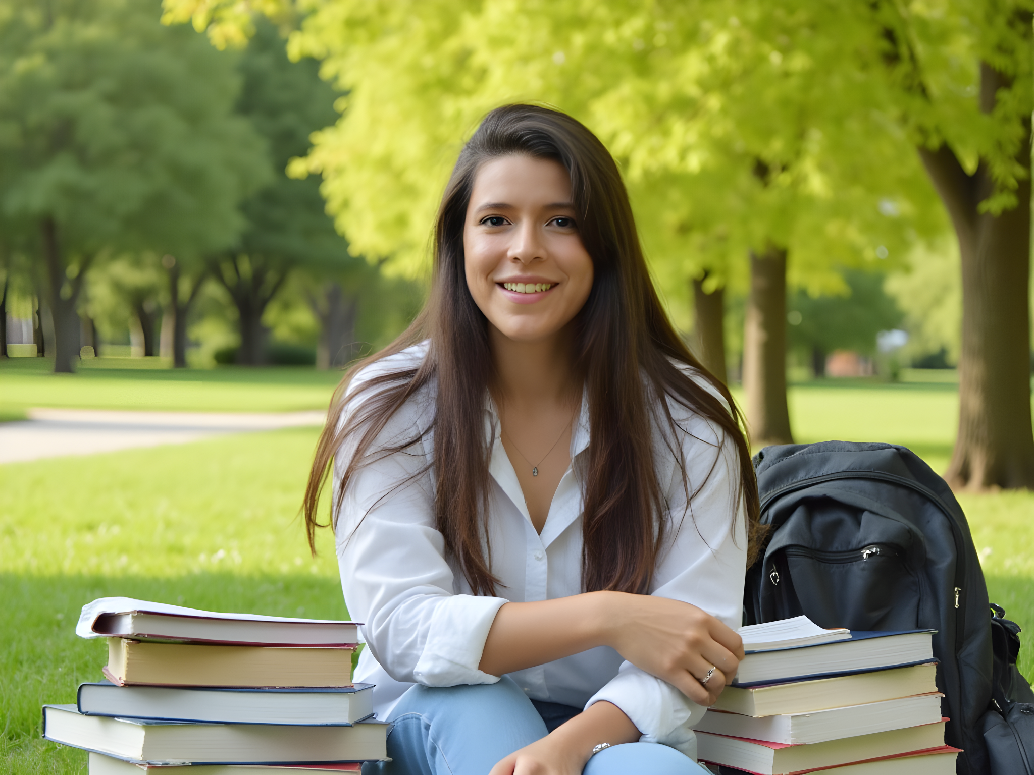 Cheerful student sitting on grass surrounded by books and a backpack, enjoying a sunny day in a park.
