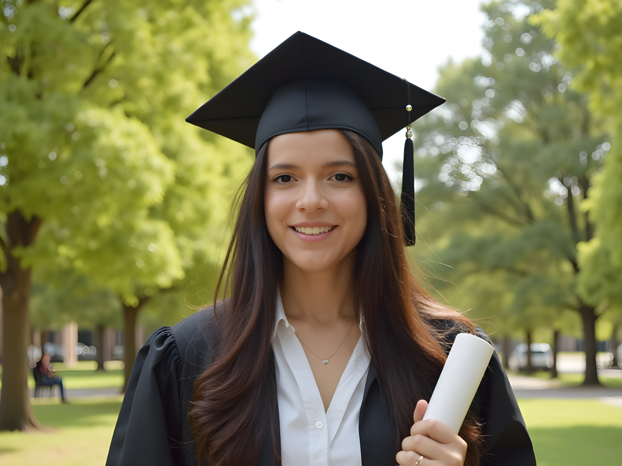 Graduation photo of a young woman in a cap and gown holding a diploma, smiling in a green park setting.