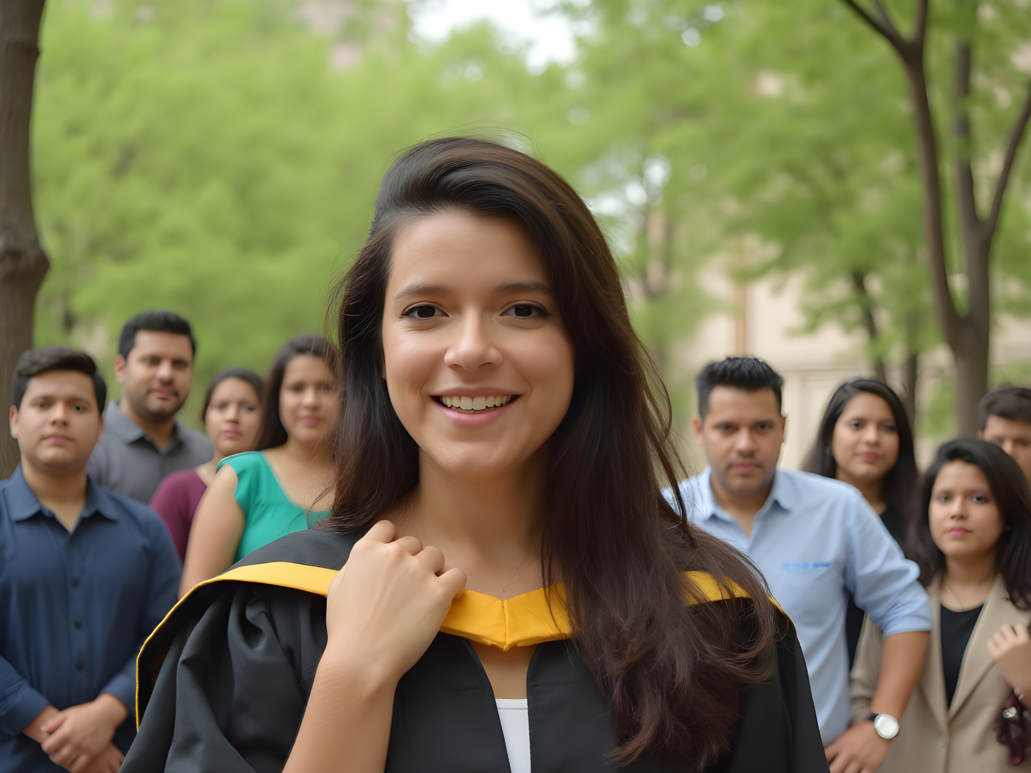 Recent graduate in cap and gown smiling confidently, surrounded by peers in a lush outdoor setting.