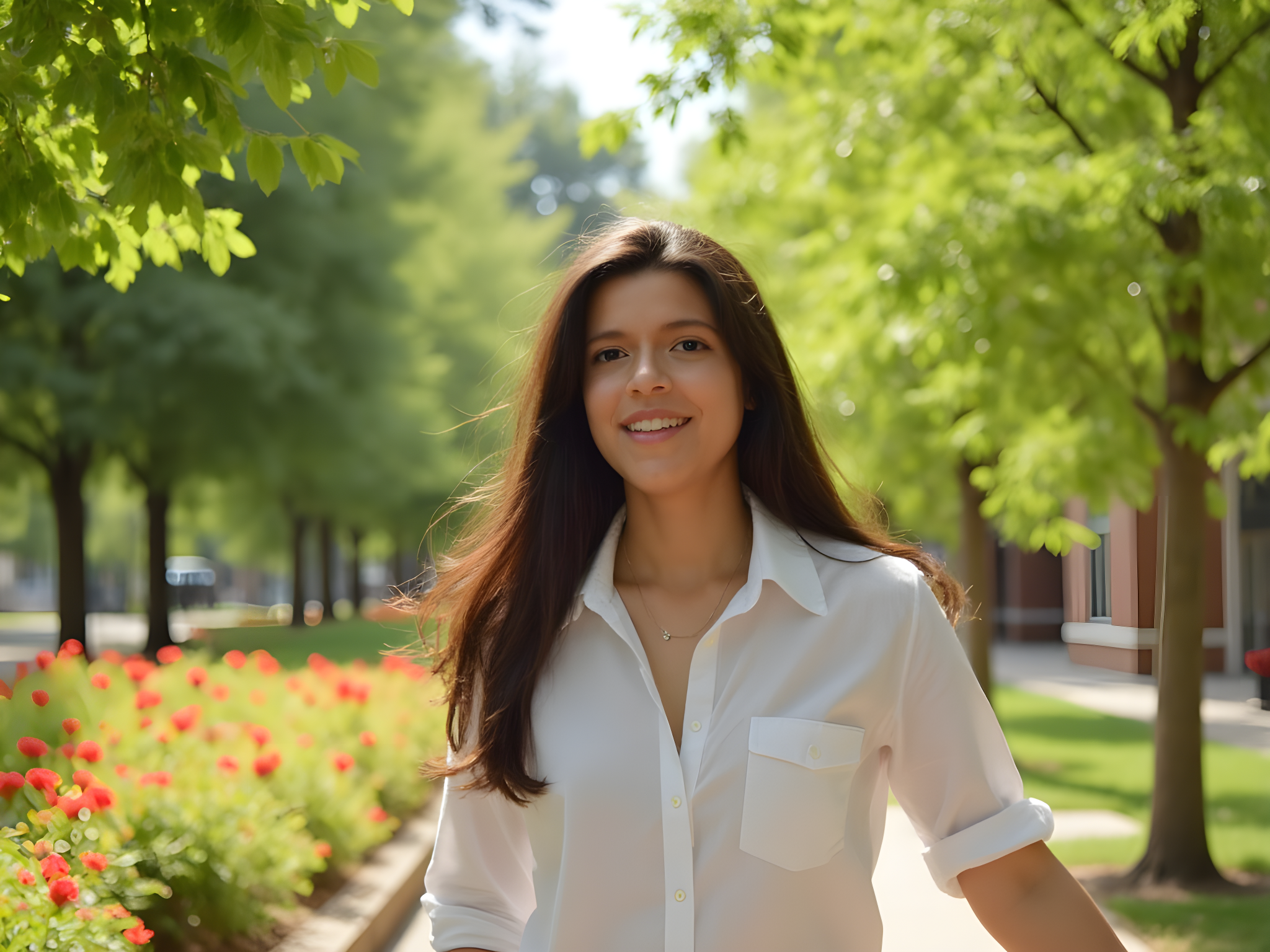 Smiling young woman wearing a white shirt, standing in a lush green park with blooming flowers and trees.