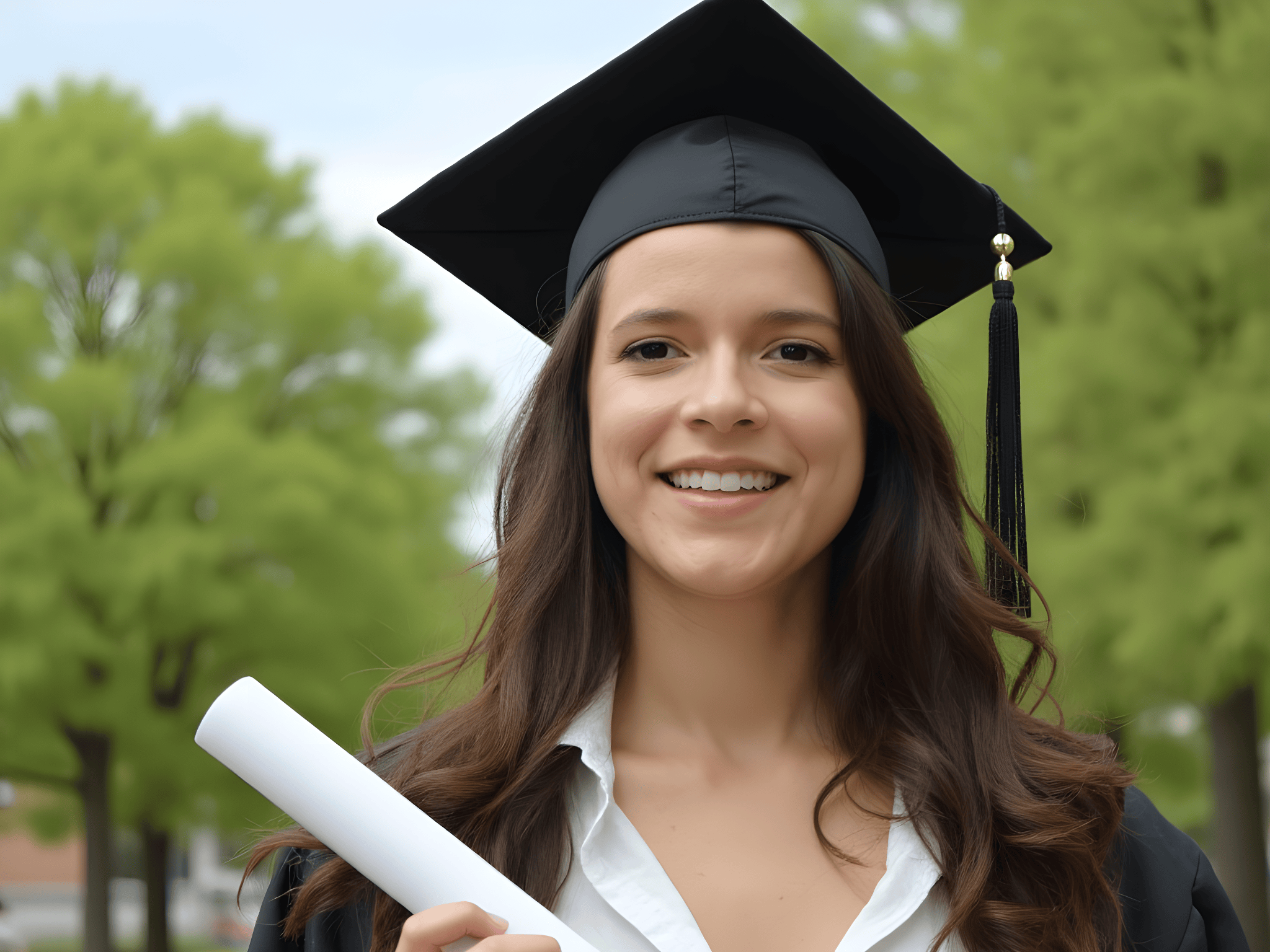 Smiling graduate in cap and gown holding diploma outdoors with green trees in the background.