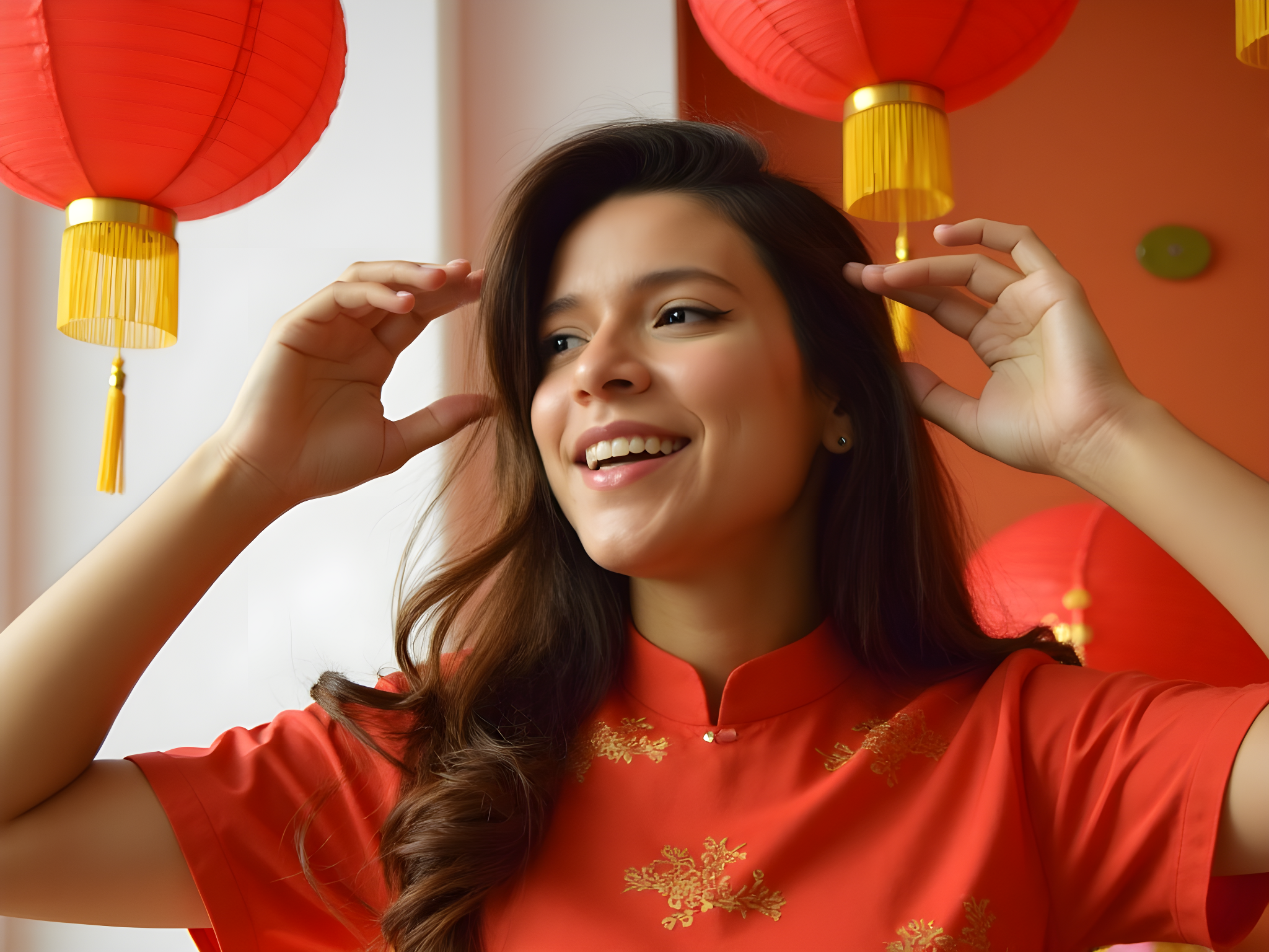 Smiling woman in traditional red attire surrounded by decorative lanterns, celebrating cultural festivities.
