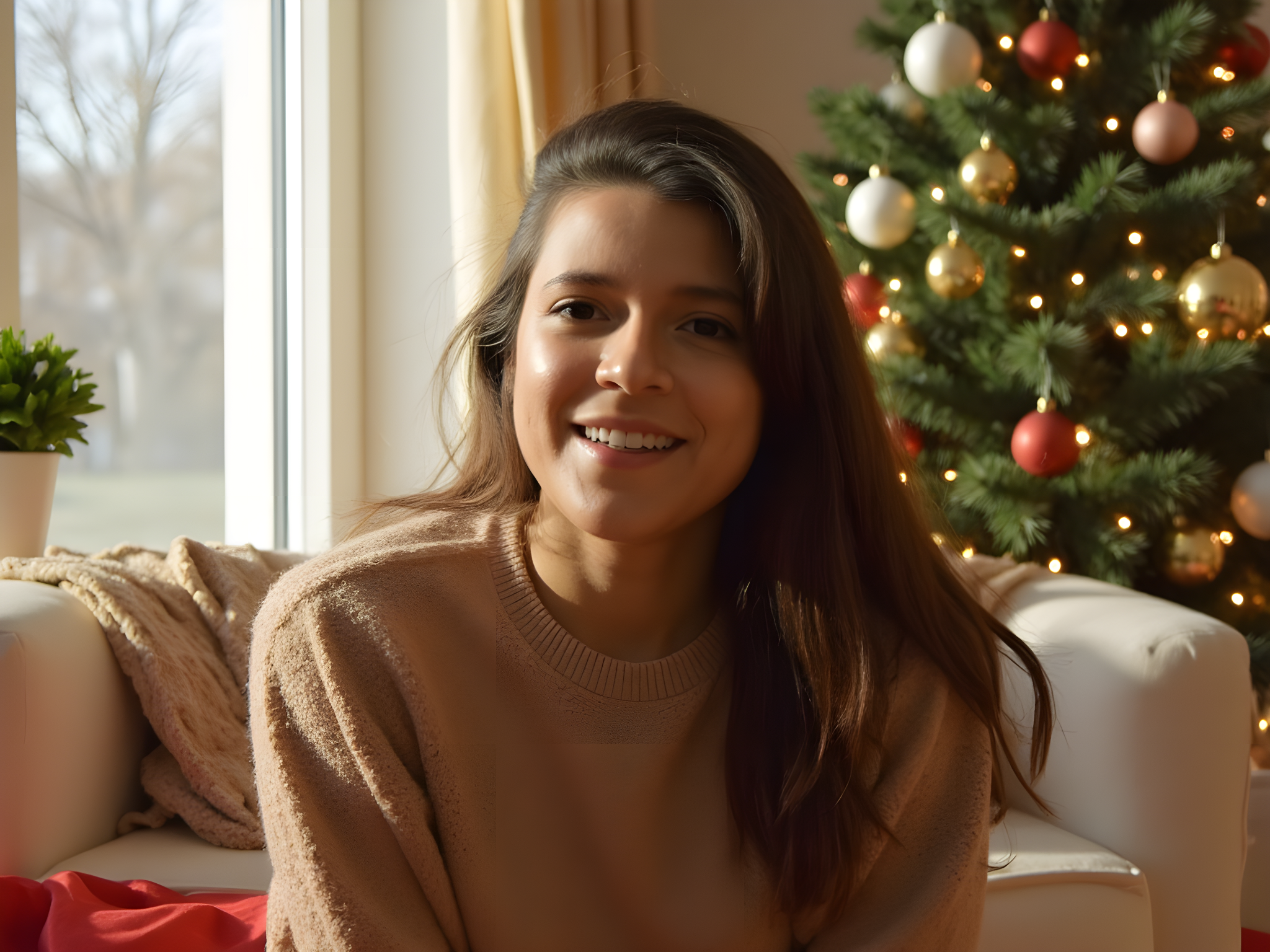 Cozy holiday portrait of a smiling woman in a warm sweater, sitting near a decorated Christmas tree with soft sunlight illuminating the room.