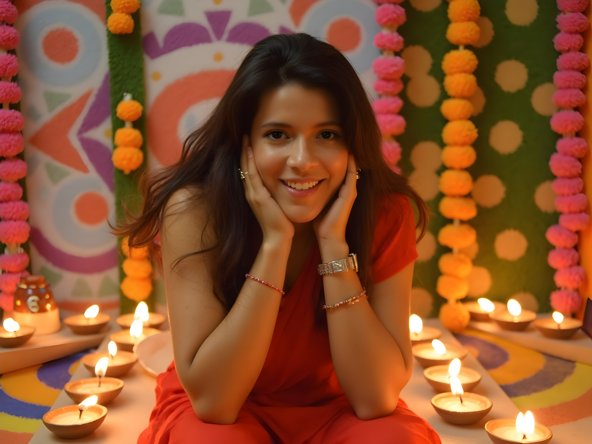 Young woman in a red outfit smiling amidst colorful decorations and oil lamps during a festive celebration.