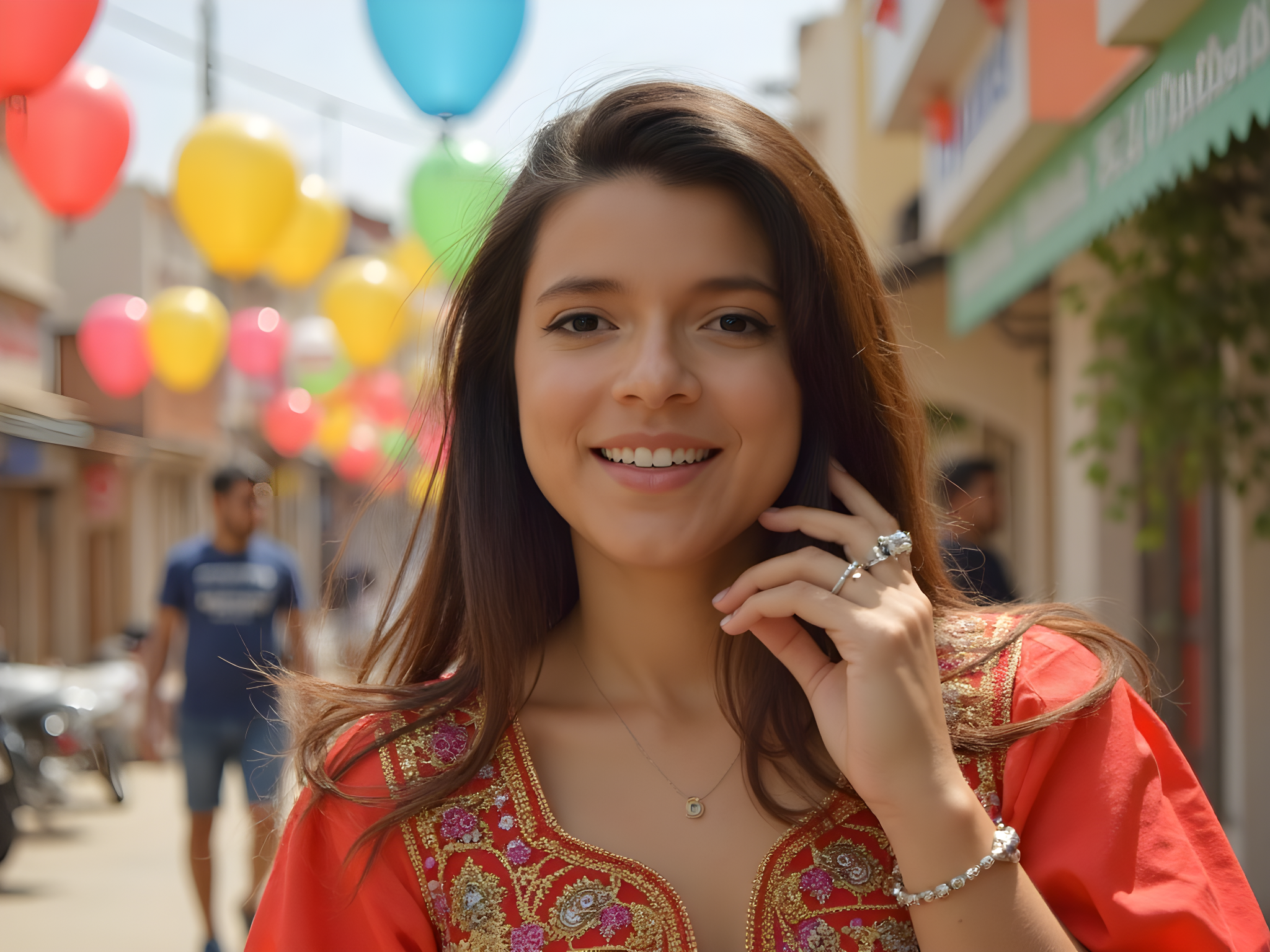 Happy young woman in vibrant traditional attire smiles in a colorful street decorated with balloons.