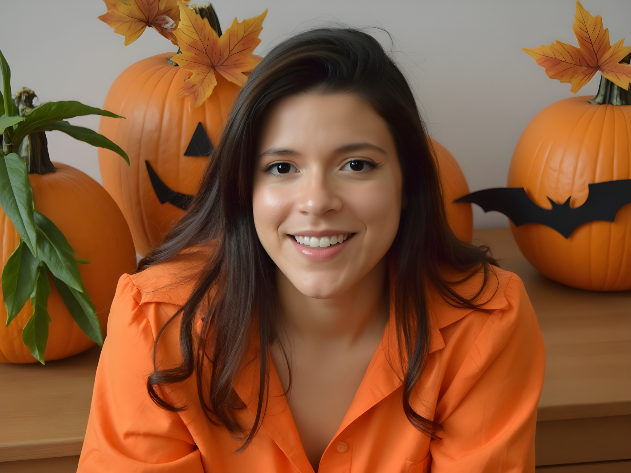Smiling woman in orange shirt surrounded by Halloween pumpkins and decorations, capturing a festive autumn vibe.