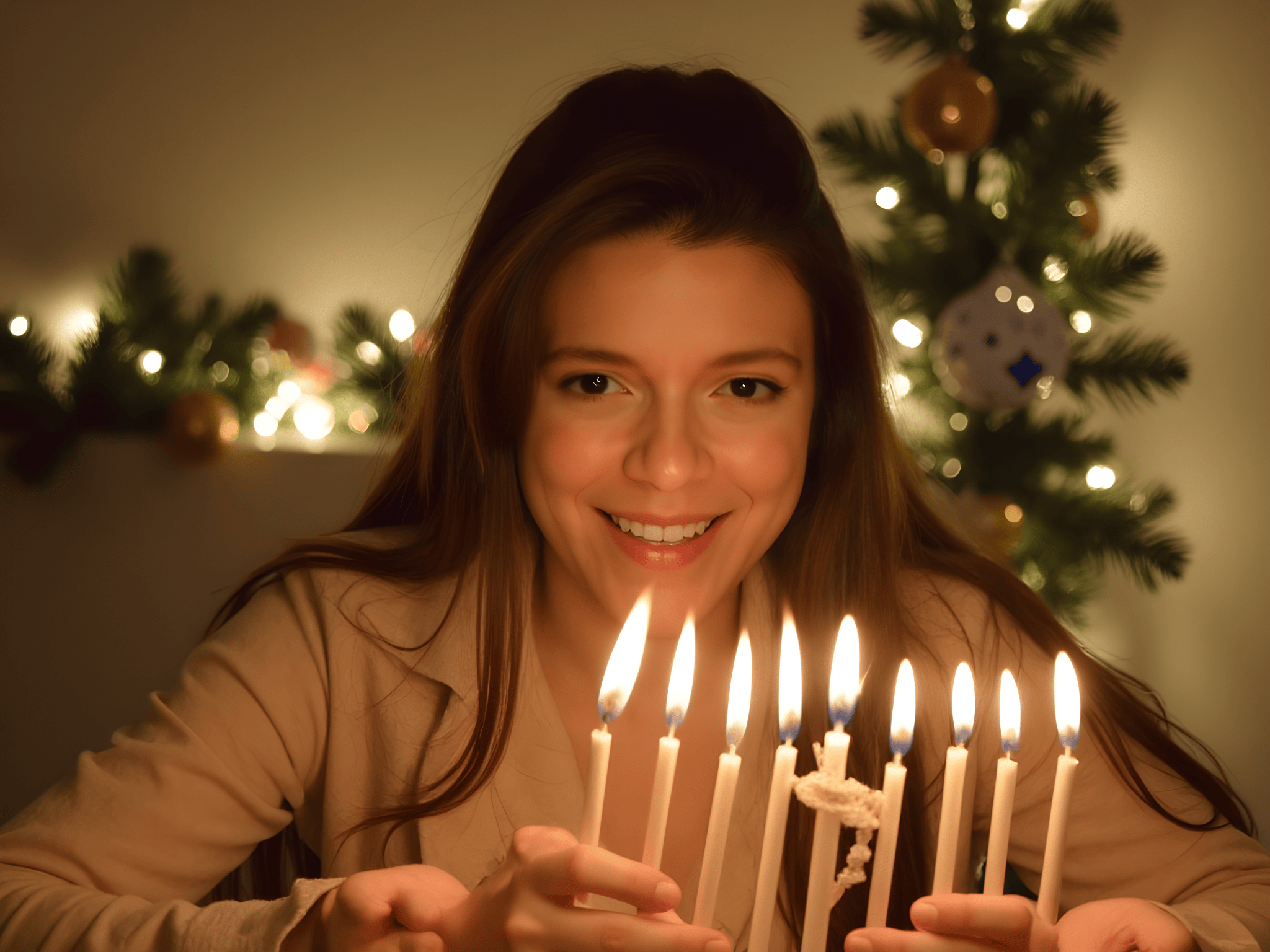 A smiling woman holding birthday candles in a cozy, festive setting with a Christmas tree adorned with decorations.