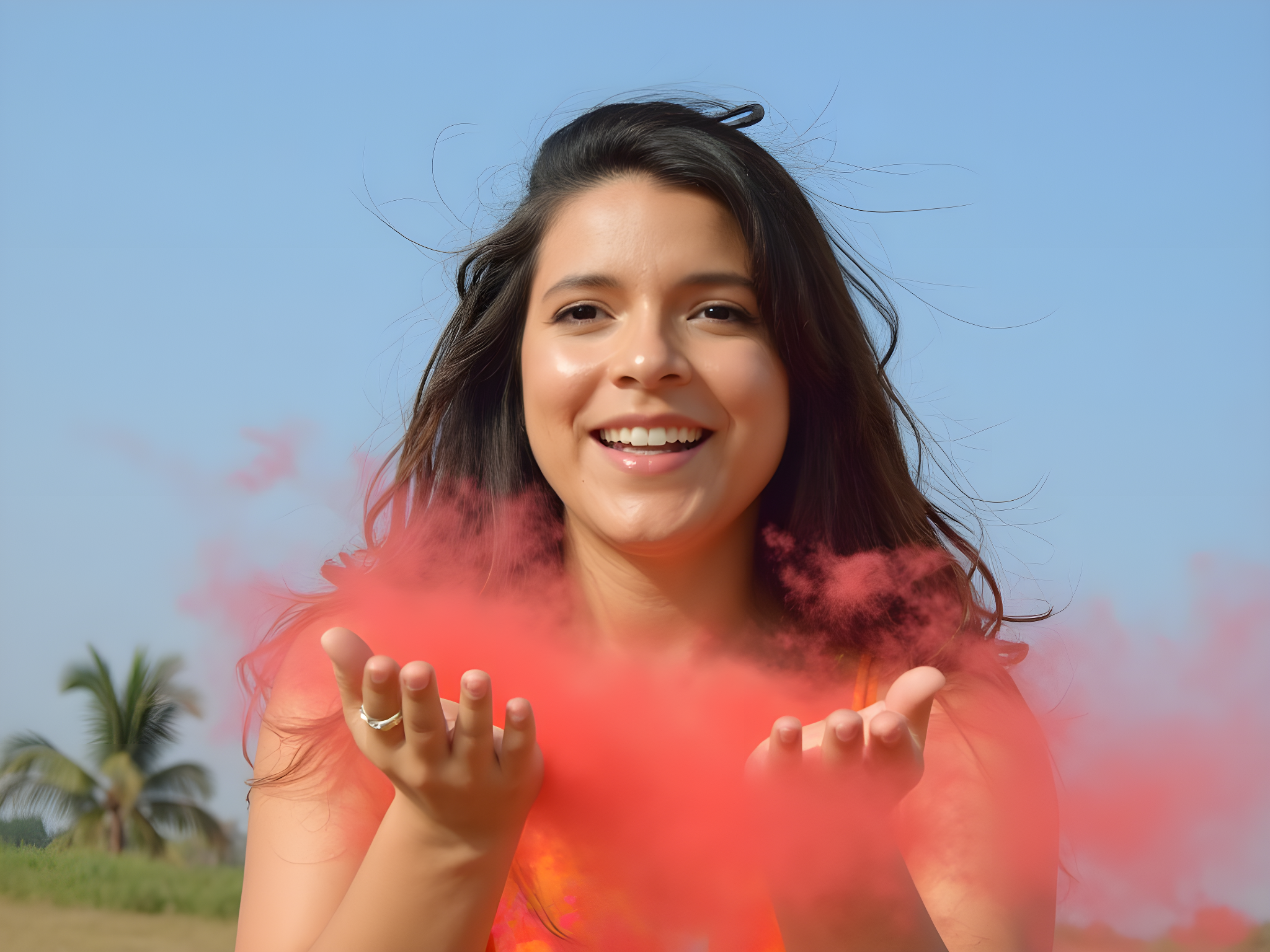 Smiling woman with long hair playfully releasing pink powder outdoors against a clear blue sky.