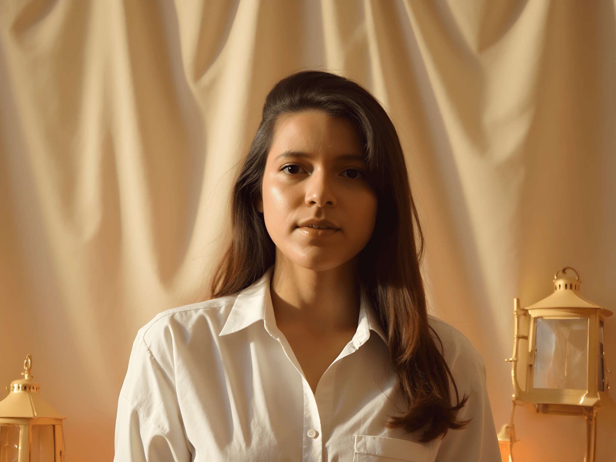 Portrait of a woman in a white shirt against a soft fabric background, illuminated by warm lantern light.