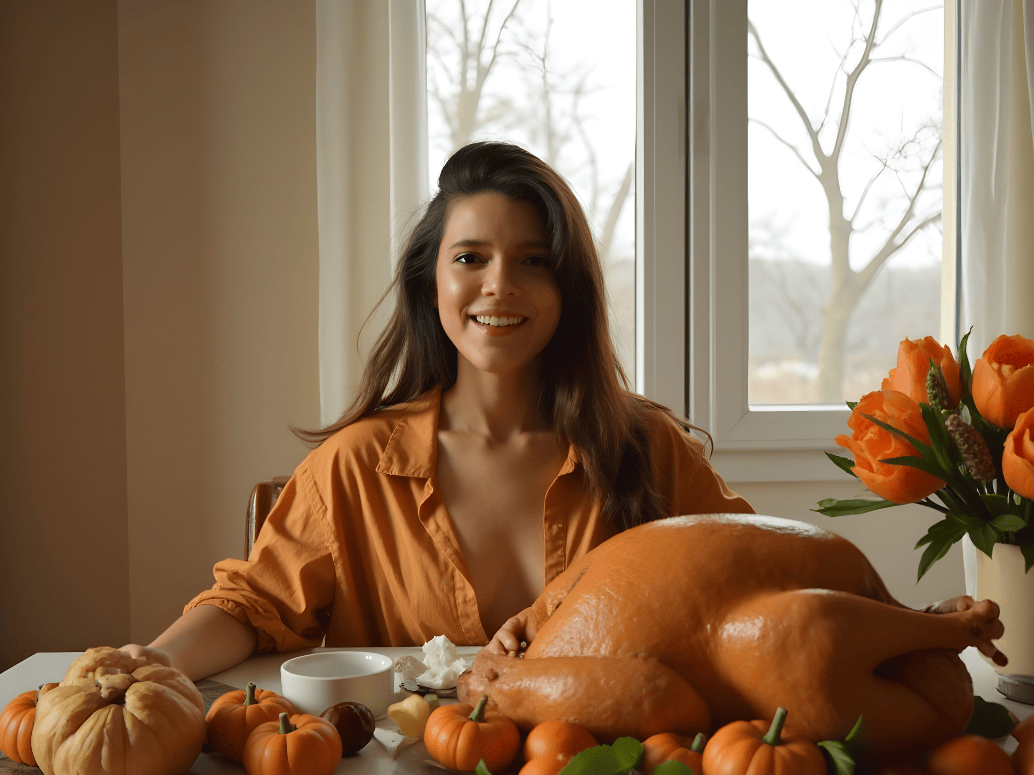 Smiling woman in an orange shirt sitting at a table with a Thanksgiving turkey and autumn decorations, including pumpkins and orange tulips, near a window.