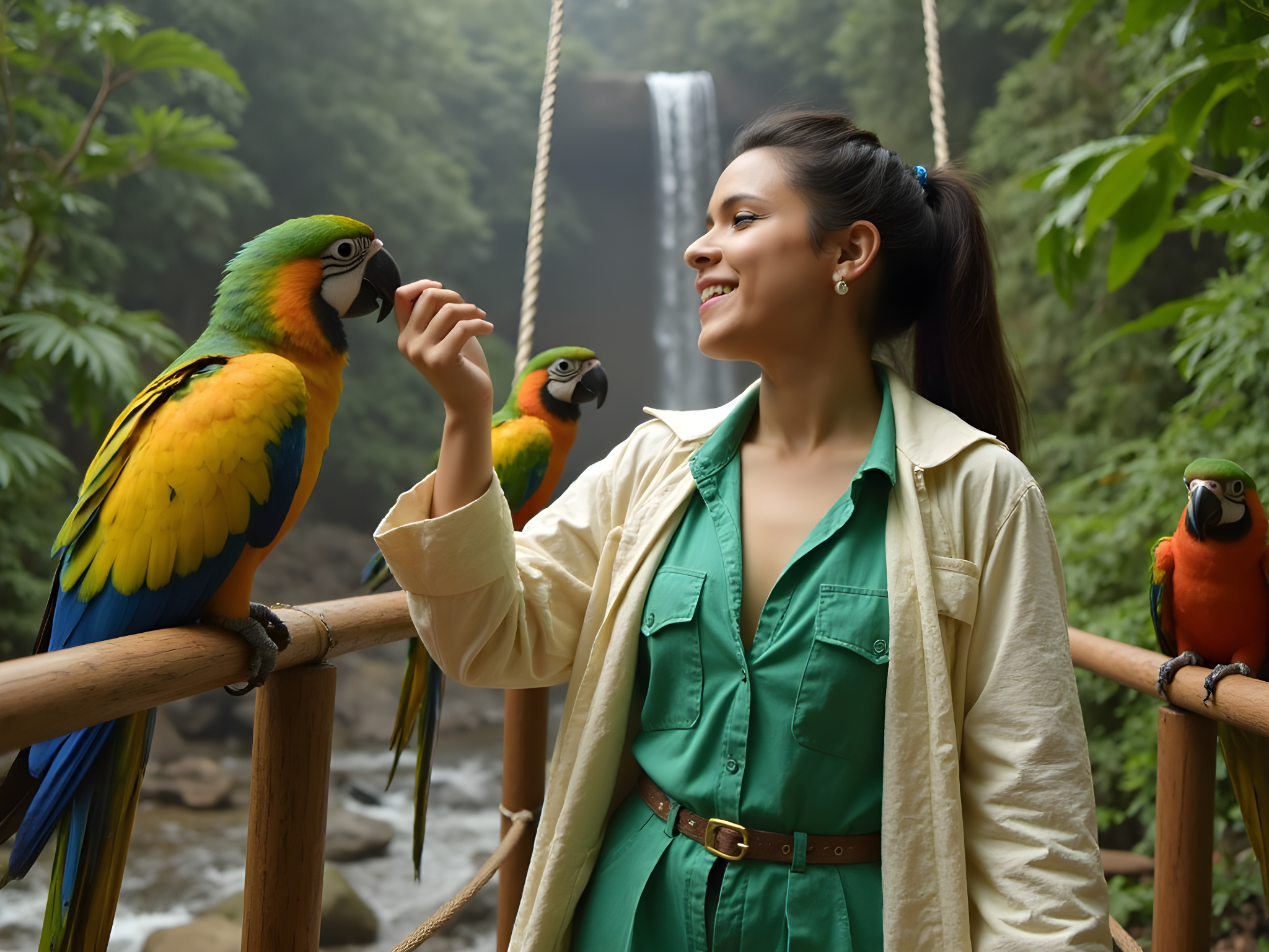 Smiling woman interacting with vibrant macaws on a wooden platform near a waterfall in a lush green jungle setting.