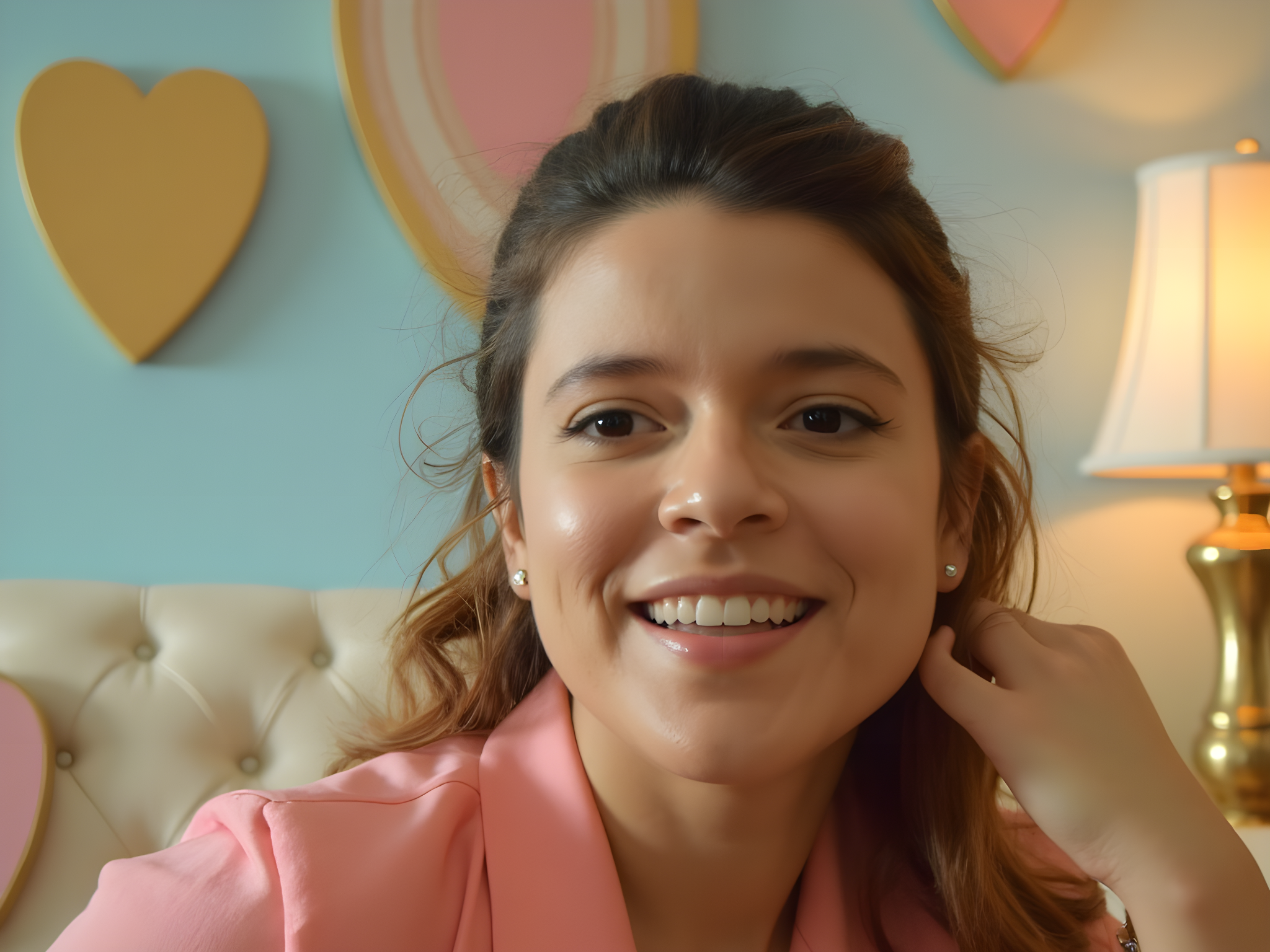 Cheerful woman smiling in a pastel-themed room with heart decorations and soft lighting.