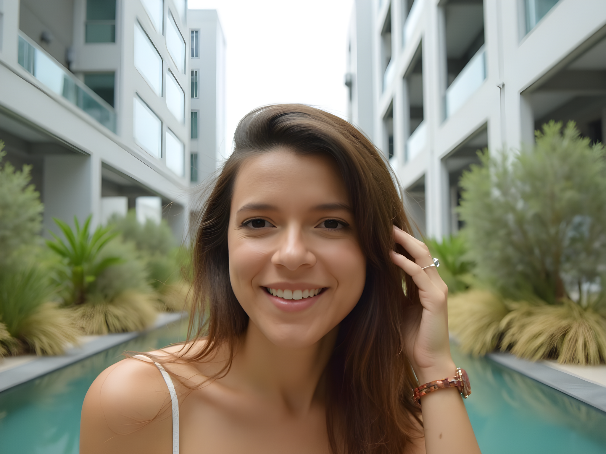 Young woman smiling by a serene pool surrounded by modern architecture and lush greenery.