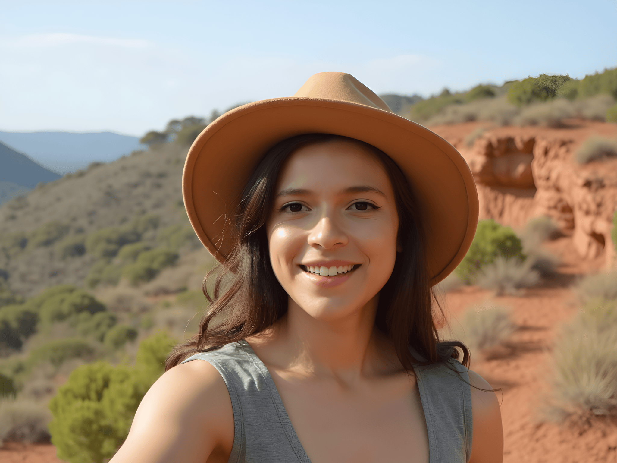 Young woman smiling in a wide-brimmed hat, enjoying a scenic outdoor view of a mountainous landscape.