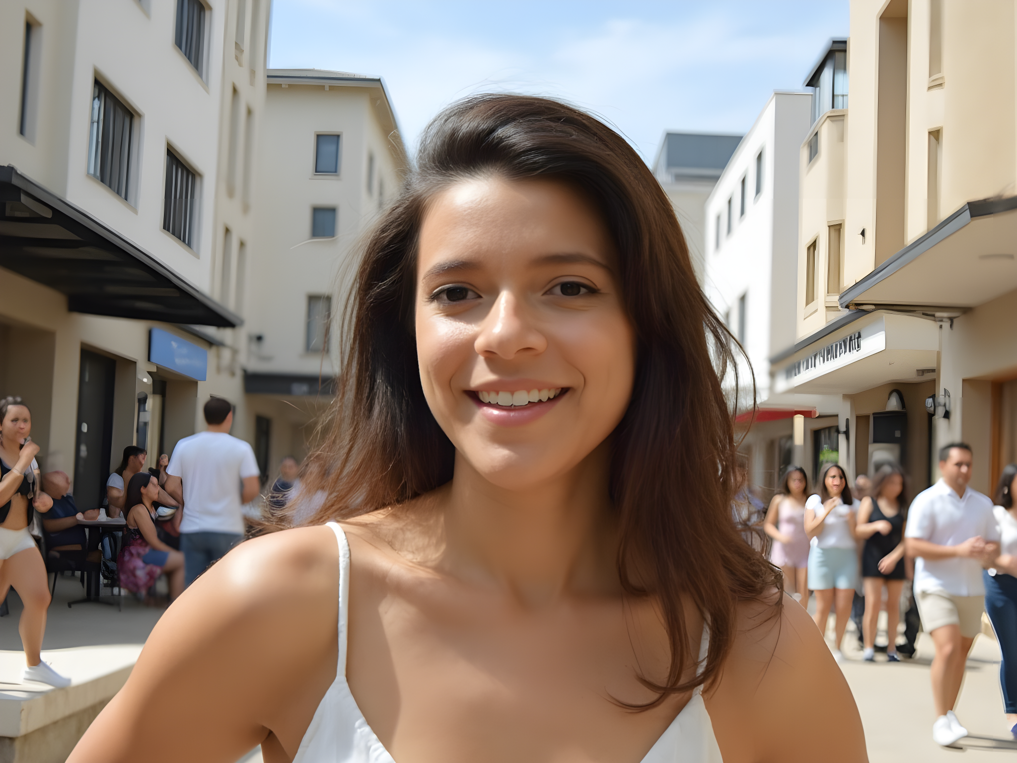 Smiling woman outdoors in a bustling shopping area, with people walking in the background on a sunny day.