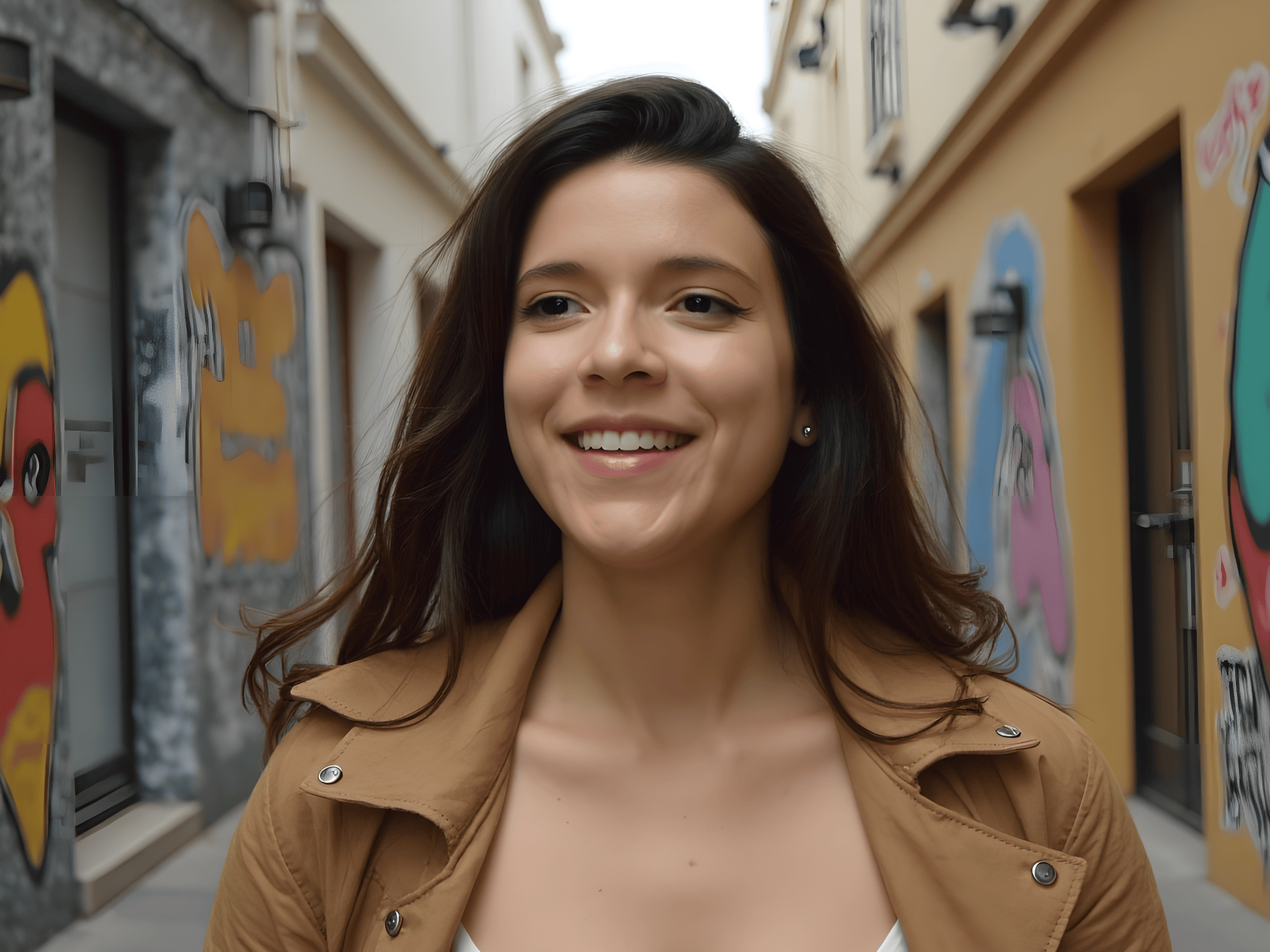 Young woman smiling in an urban alley with colorful street art.